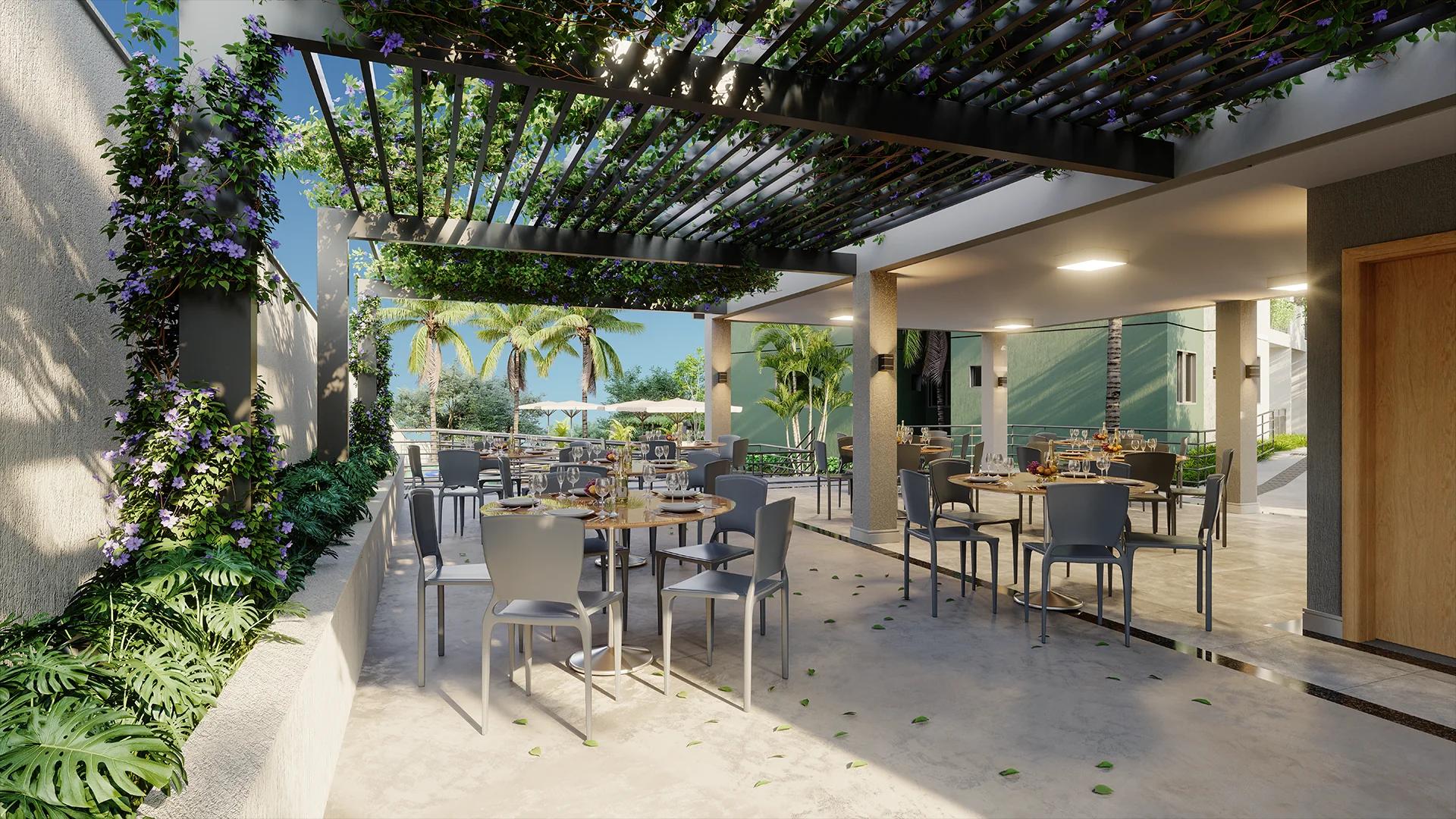Salão de festas integrado a lounge externo com pergolado e mesas