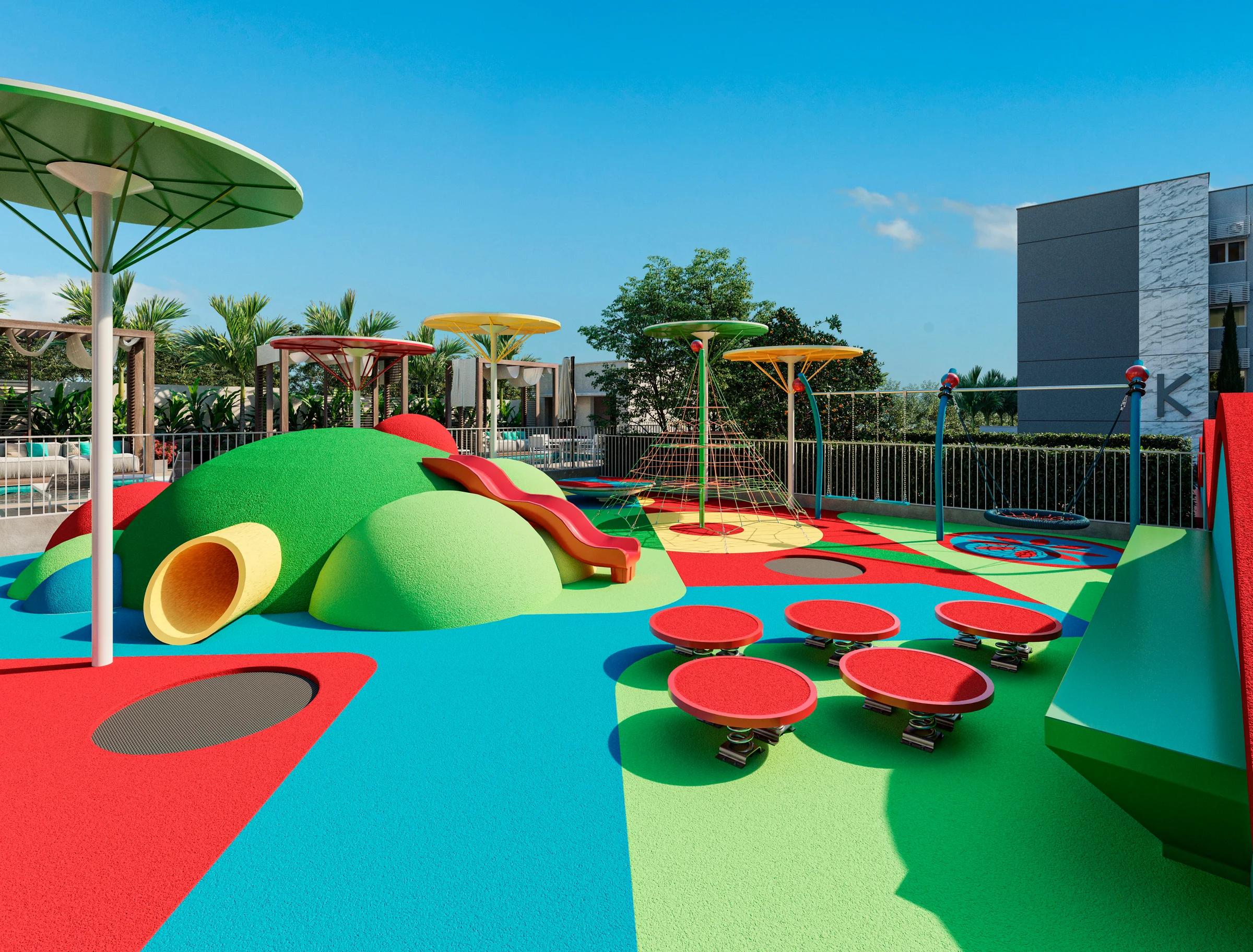 Playground com brinquedos coloridos e piso emborrachado