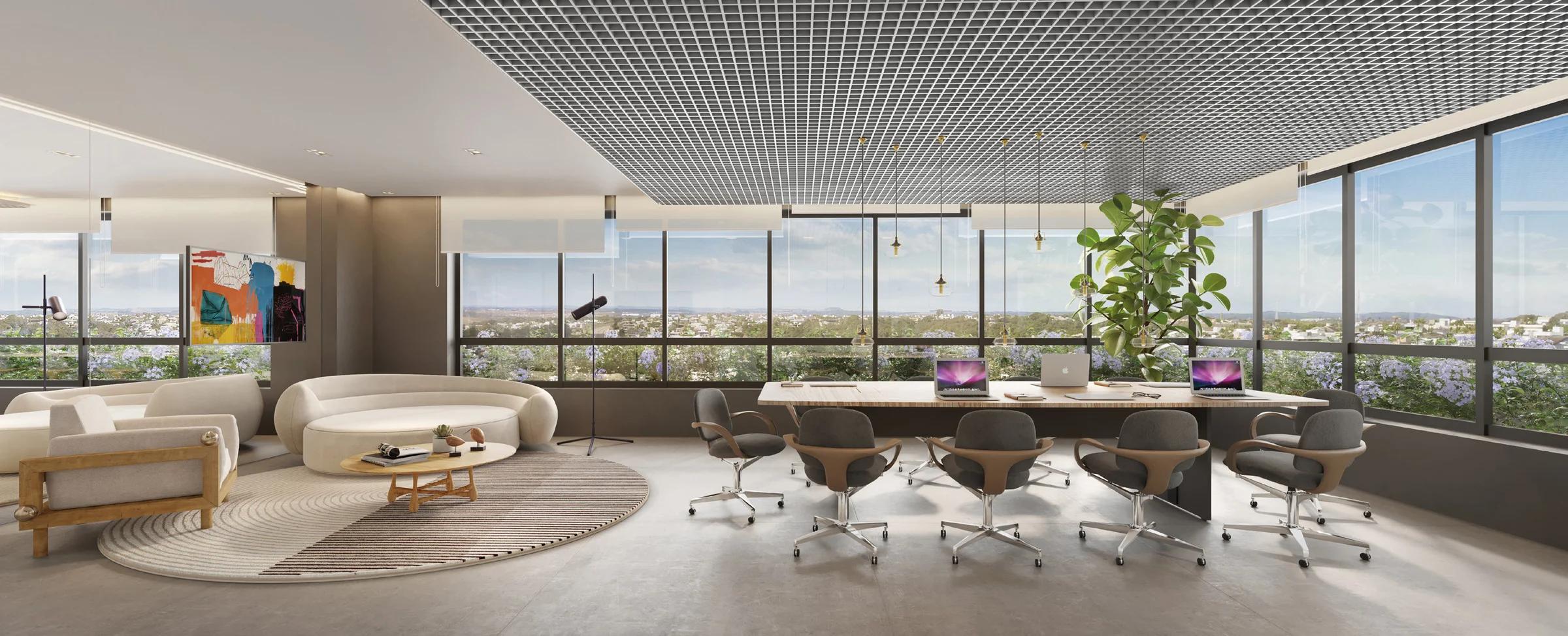 Perspectiva de ambiente interno envidraçado com mesas, assentos e vista externa.