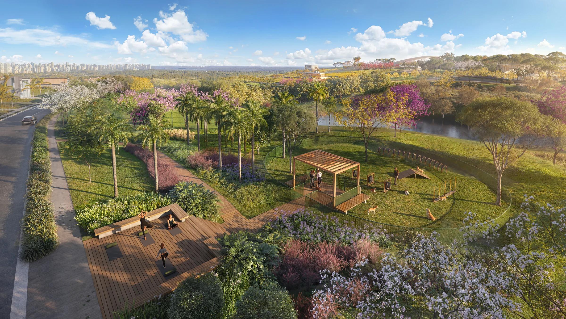 Perspectiva do jardim com pergolado