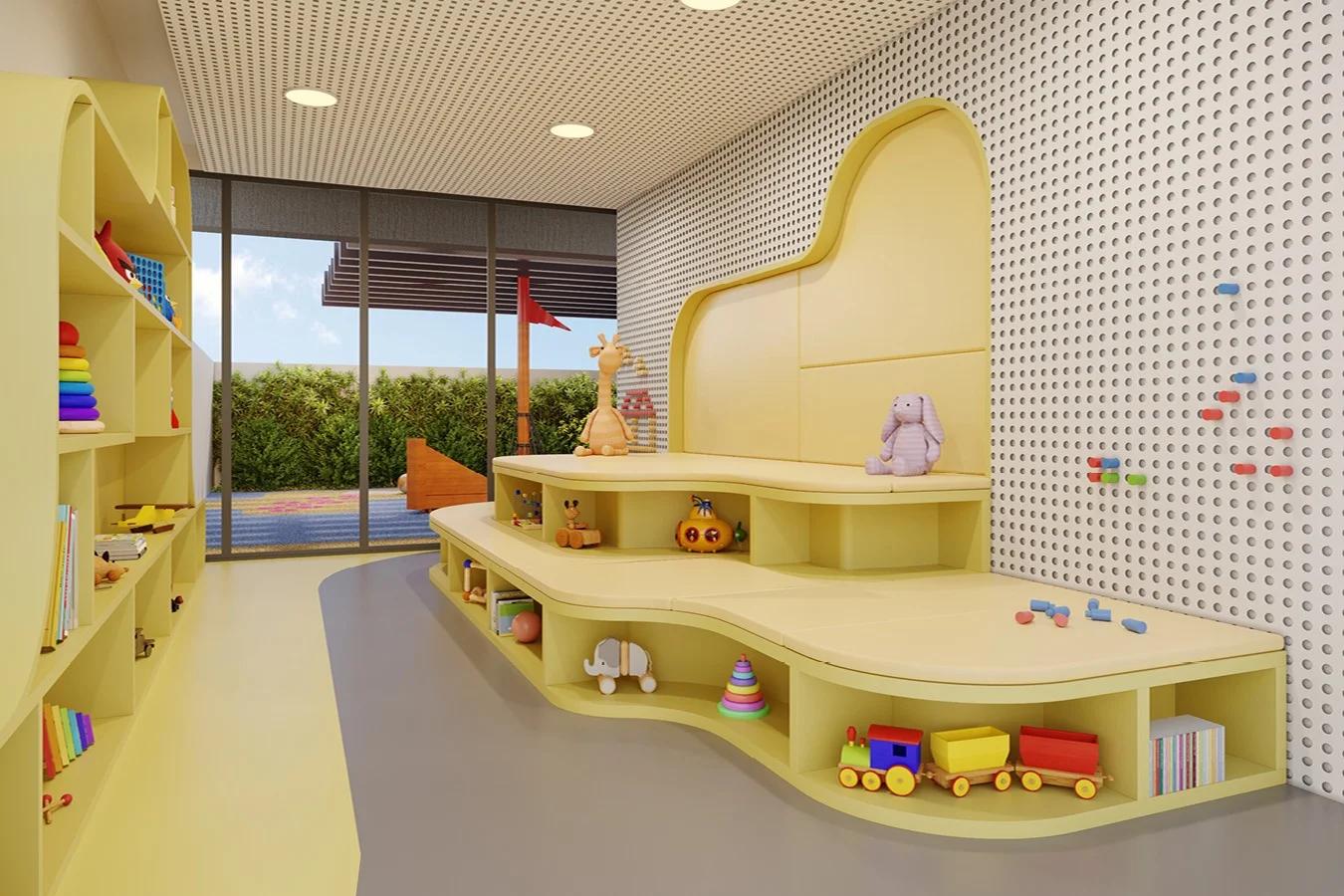 Perspectiva da brinquedoteca com brinquedos e mobiliário infantil