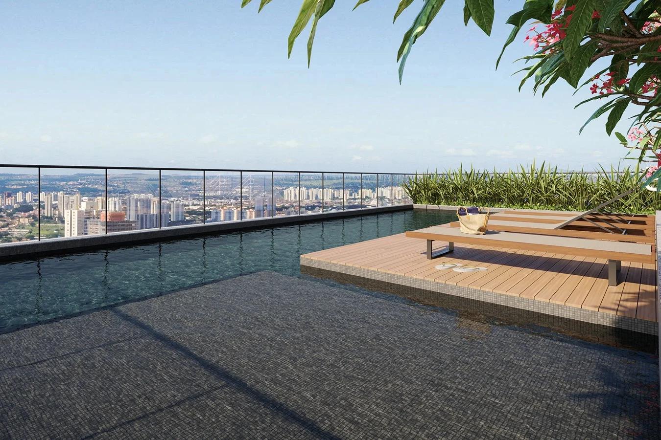 Perspectiva da piscina com deck e vista urbana