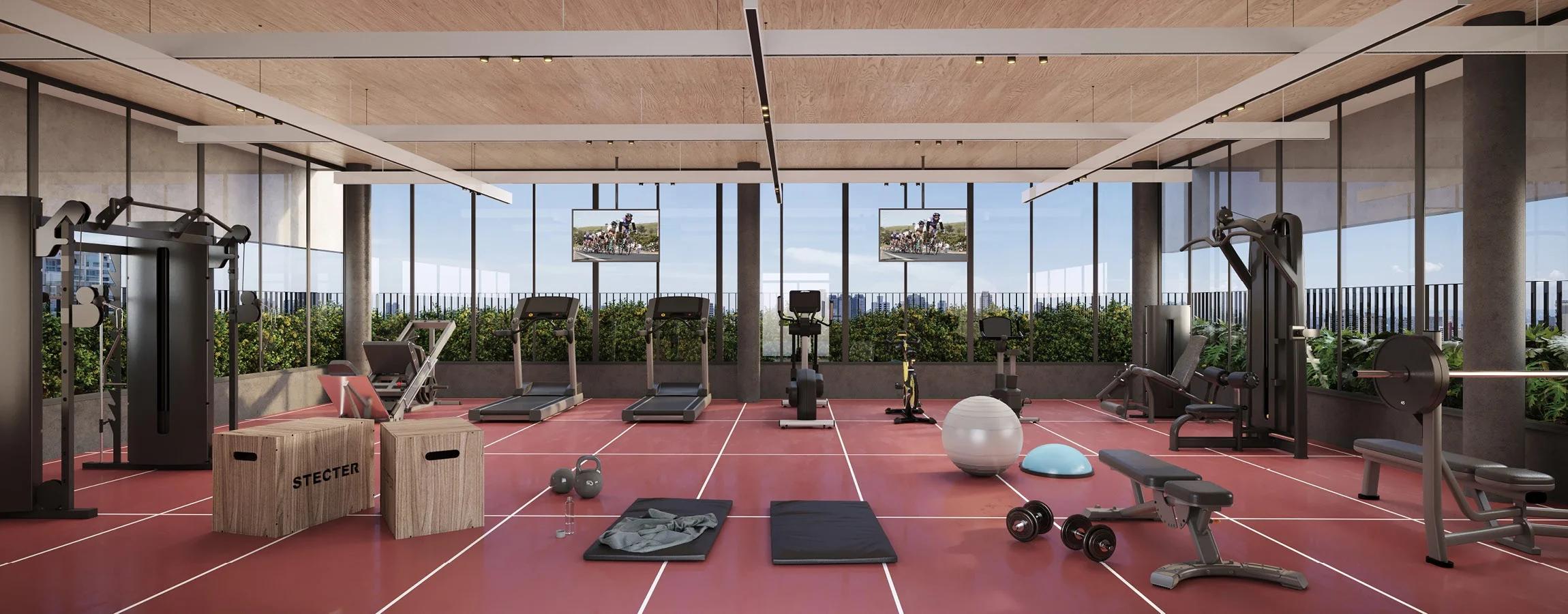 Perspectiva da academia com equipamentos de ginástica