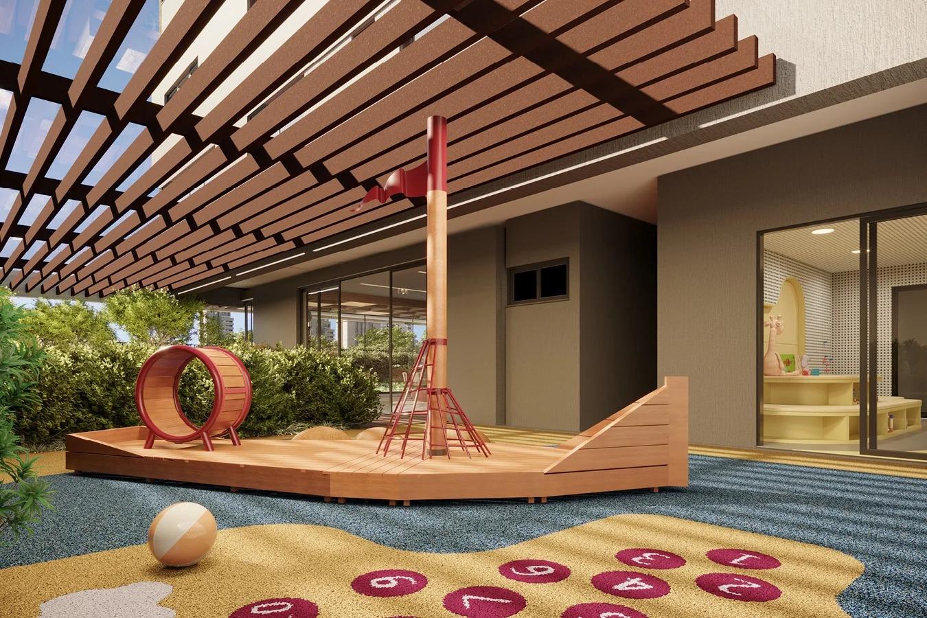 Perspectiva do playground com área de areia e brinquedo suspenso