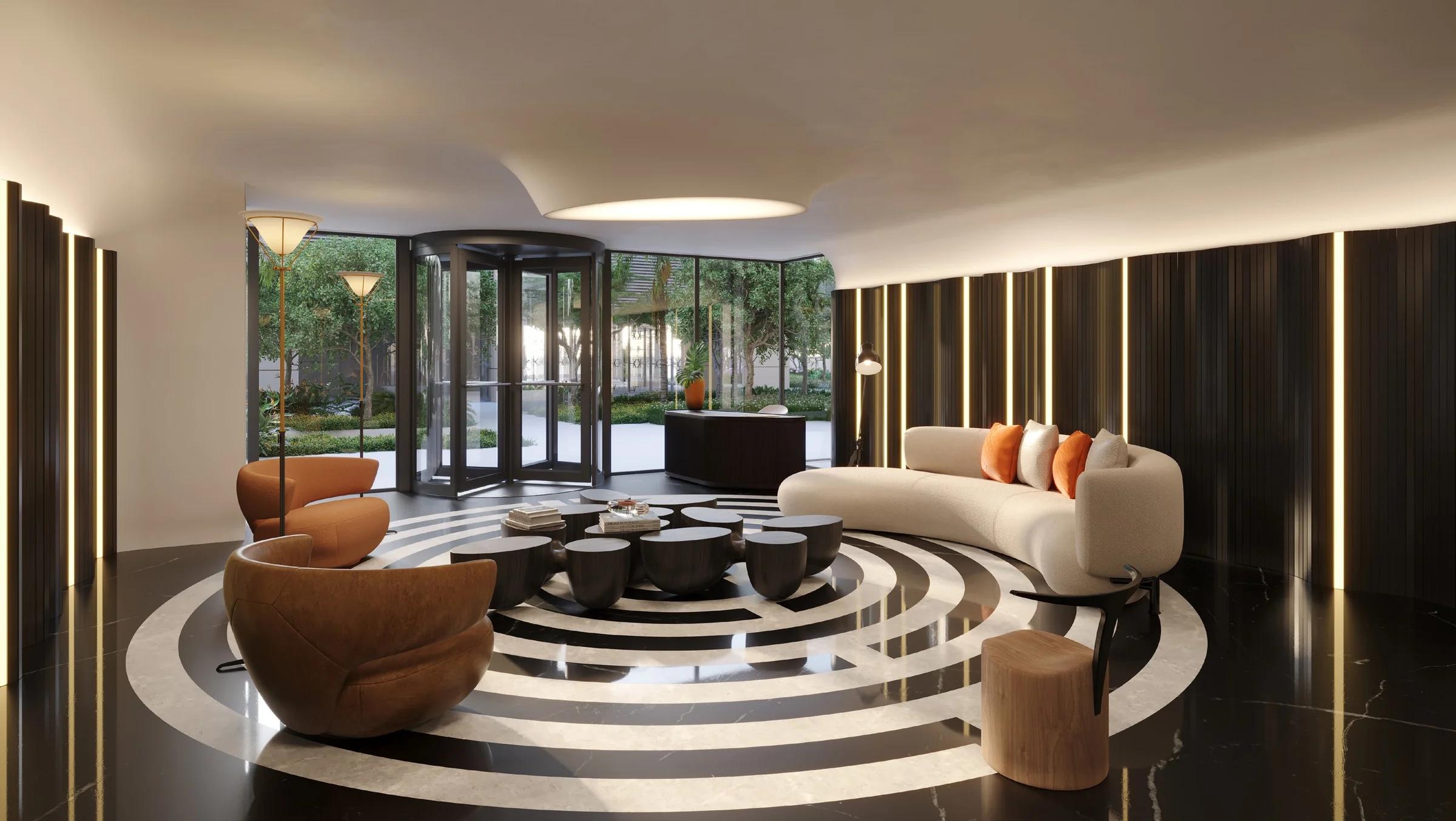 Opus Gyro Cidade Opus - lounge com piso circular, sofa e vista de jardim