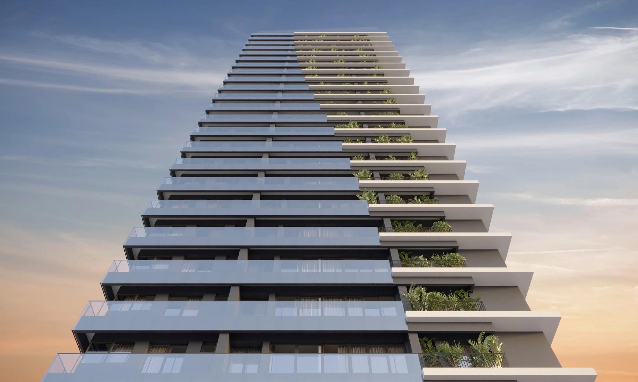 Opus Gyro Cidade Opus - torre inteira com terracos verdes, ceu ao entardecer