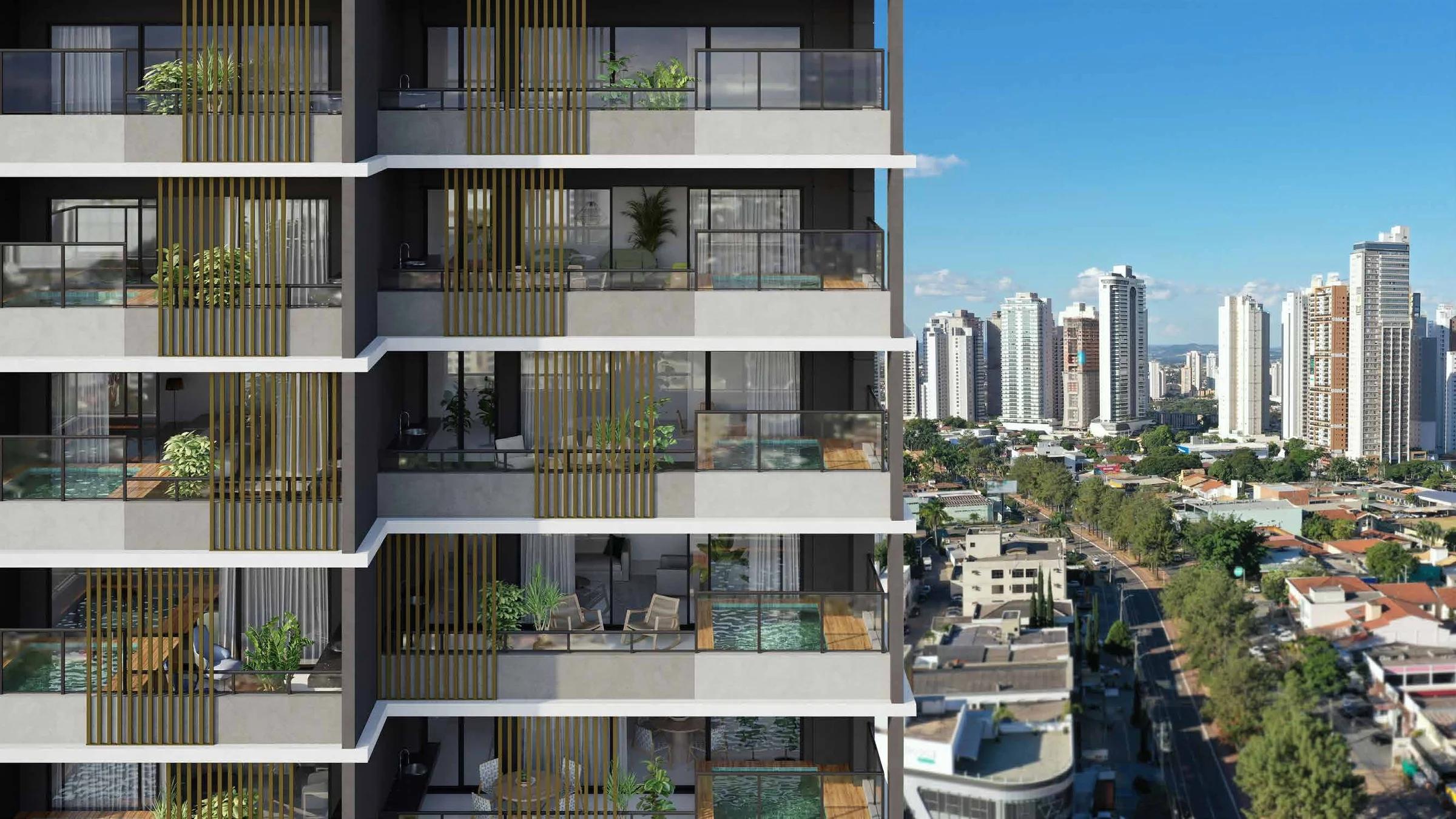 Opus Gyro Ricardo Paranhos - fachada com brises e varandas, cidade ao fundo