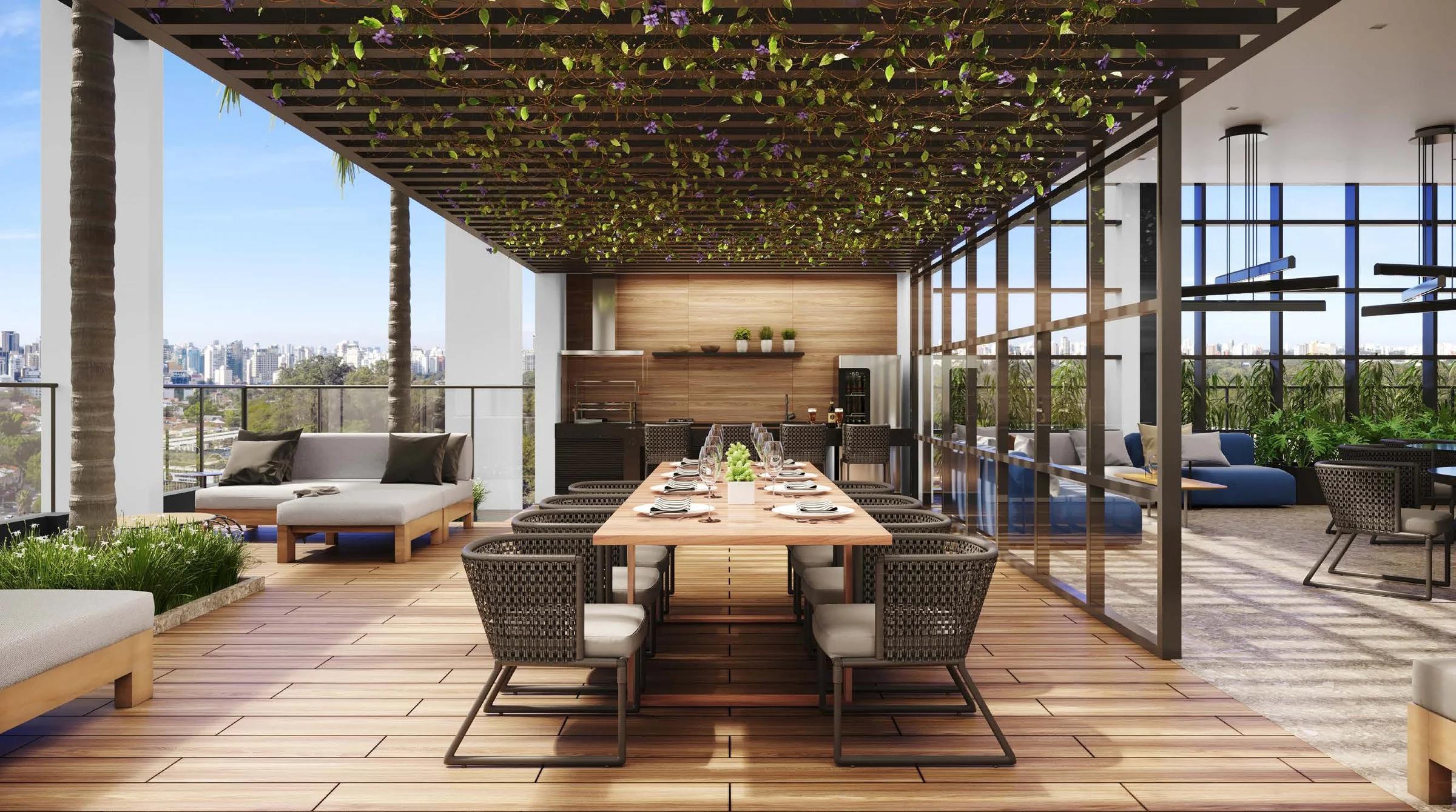Opus Gyro Rooftop - rooftop com mesa de jantar e pergolado