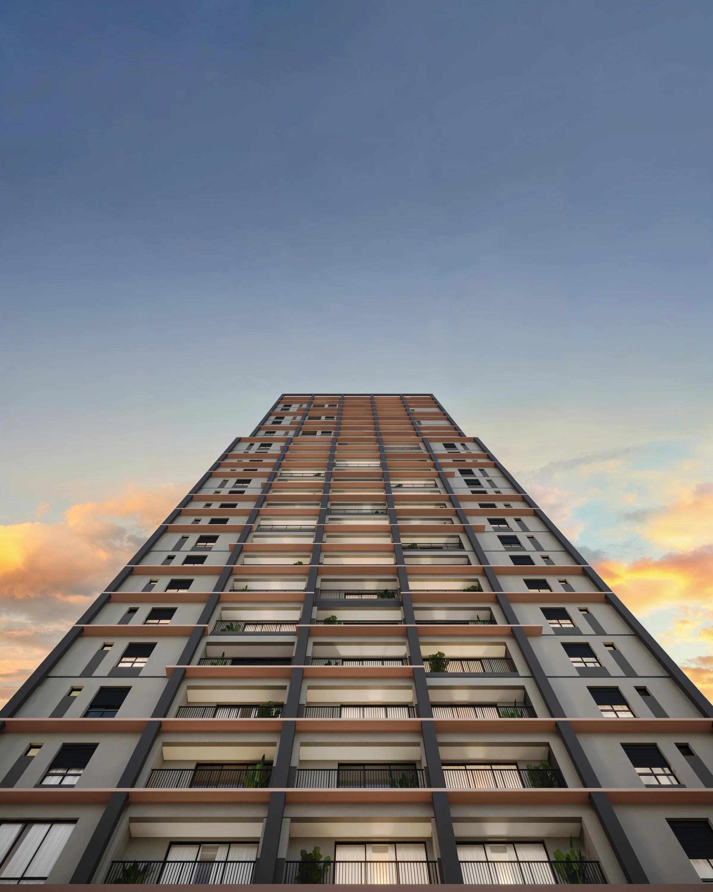 Fachada frontal em perspectiva de baixo para cima destacando a altura da torre