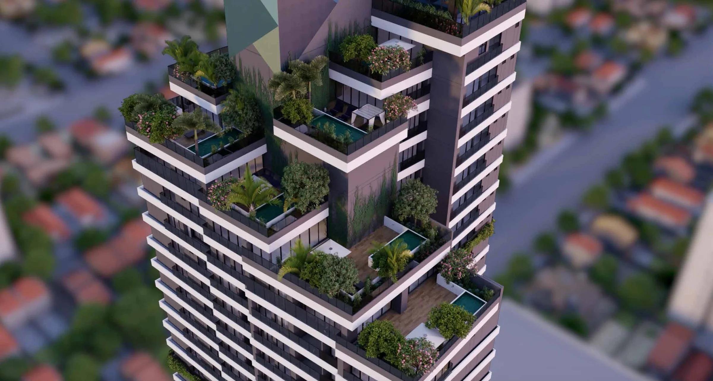 Opus Gyro Vaca Brava Design - fachada aérea com terraços