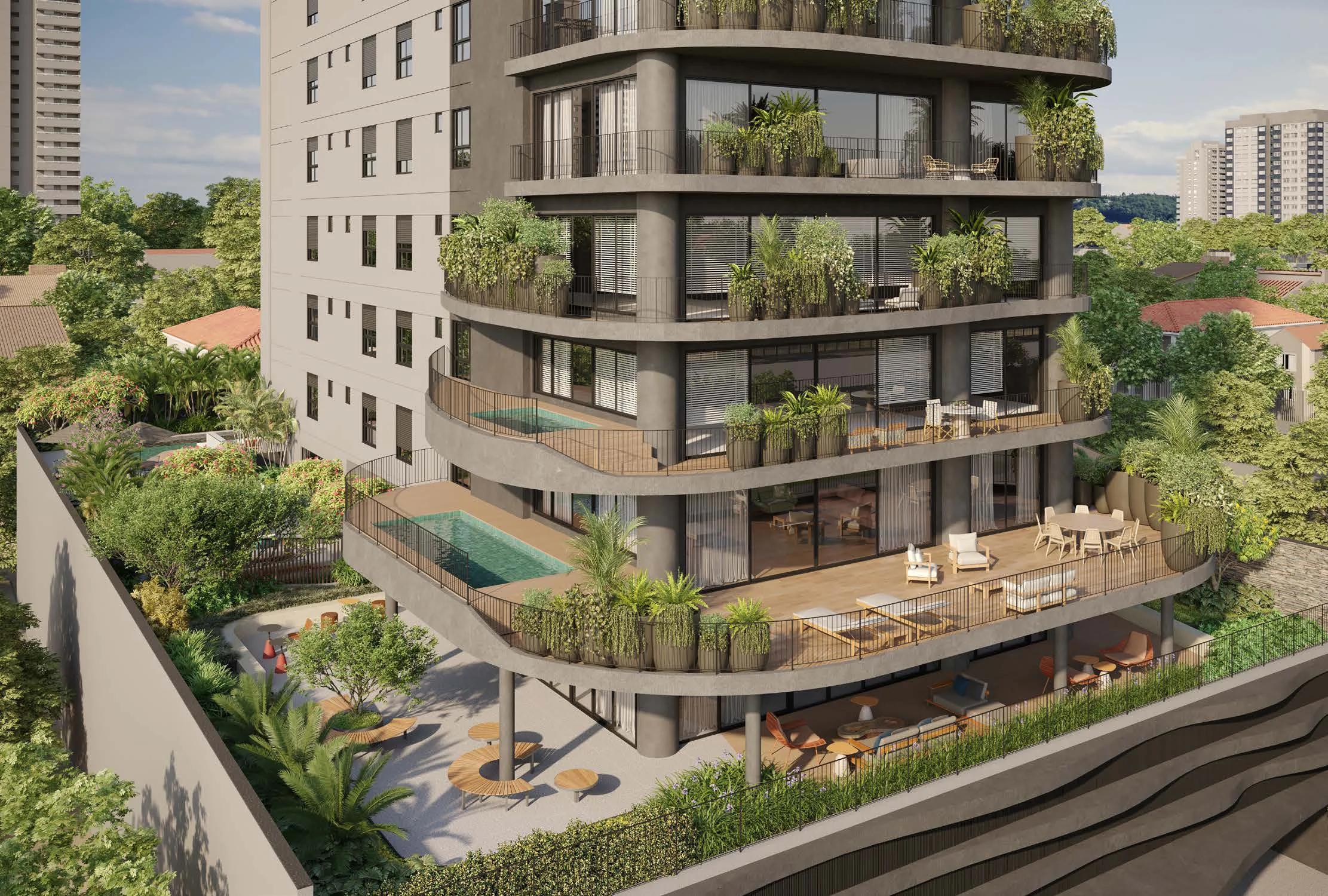 Perspectiva da fachada do edifício, vista em ângulo e com vegetação nas varandas.