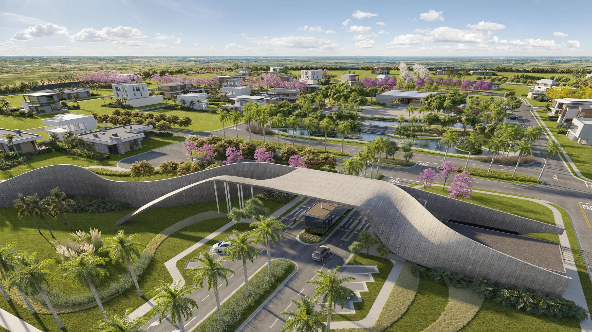 Perspectiva aérea do conjunto com áreas verdes e edificações