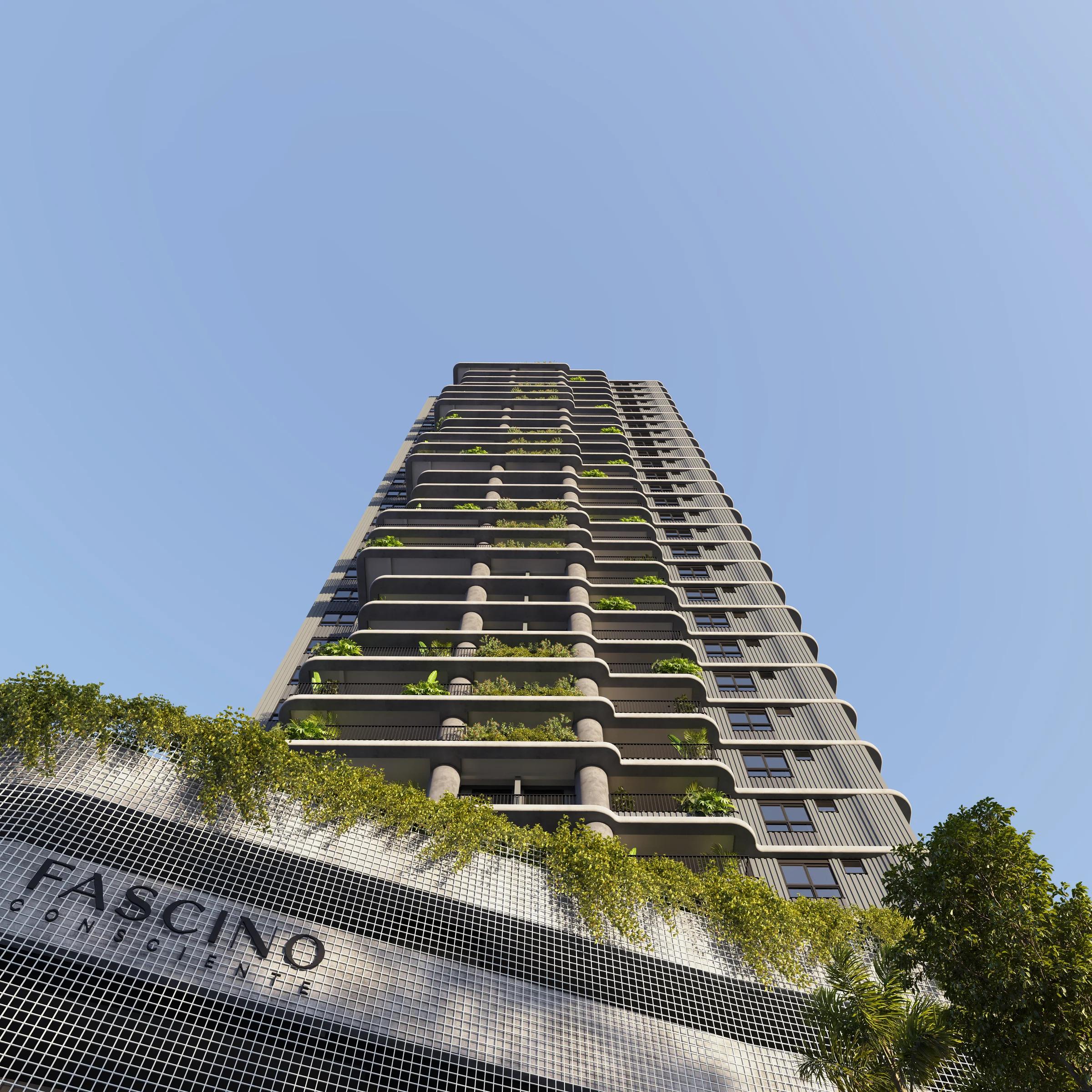 Fachada do edifício residencial Fascino vista em ângulo vertical de baixo para cima com vegetação nas varandas