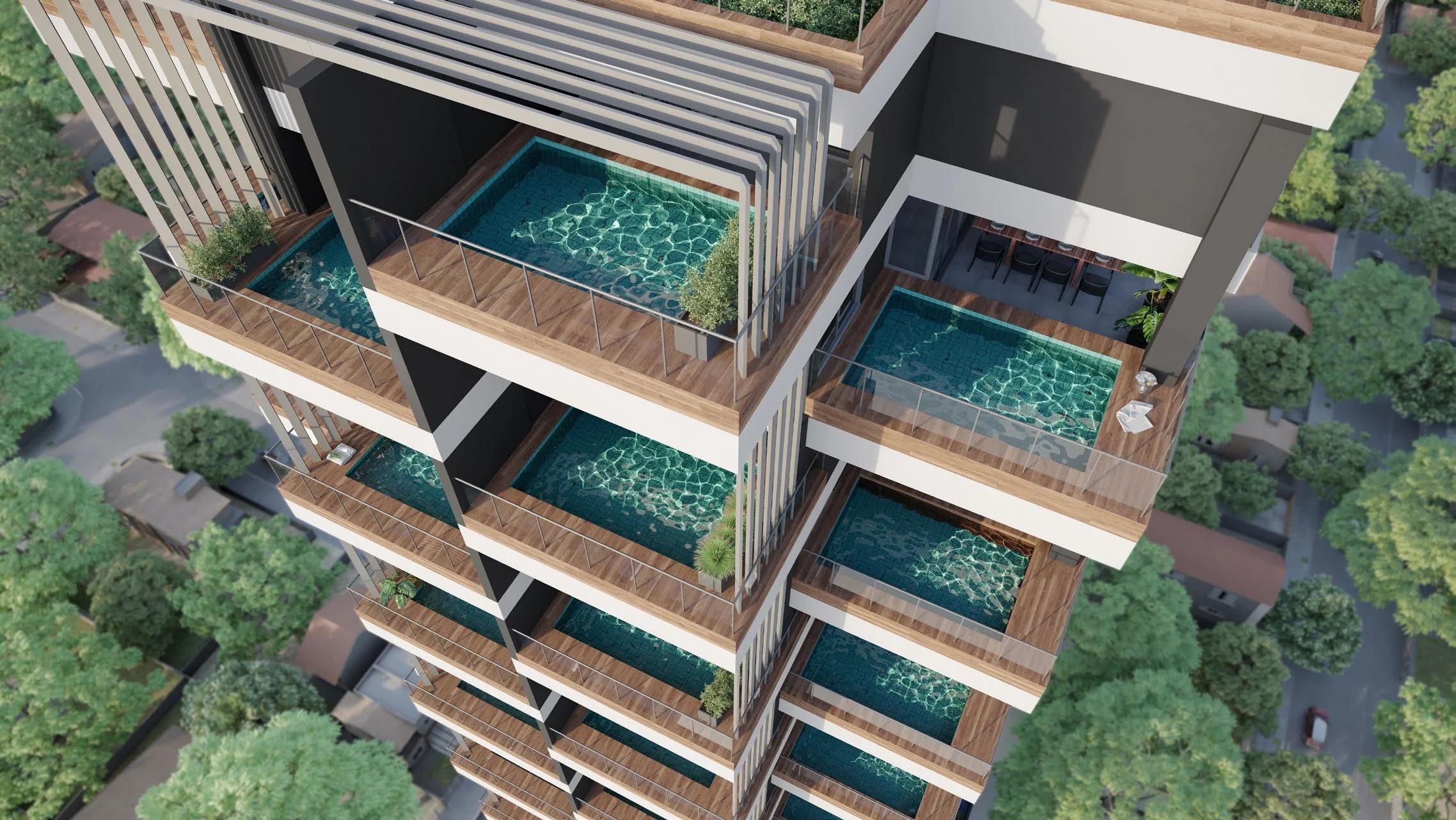 Penthouses 146 - fachada aerea com terracos e piscinas