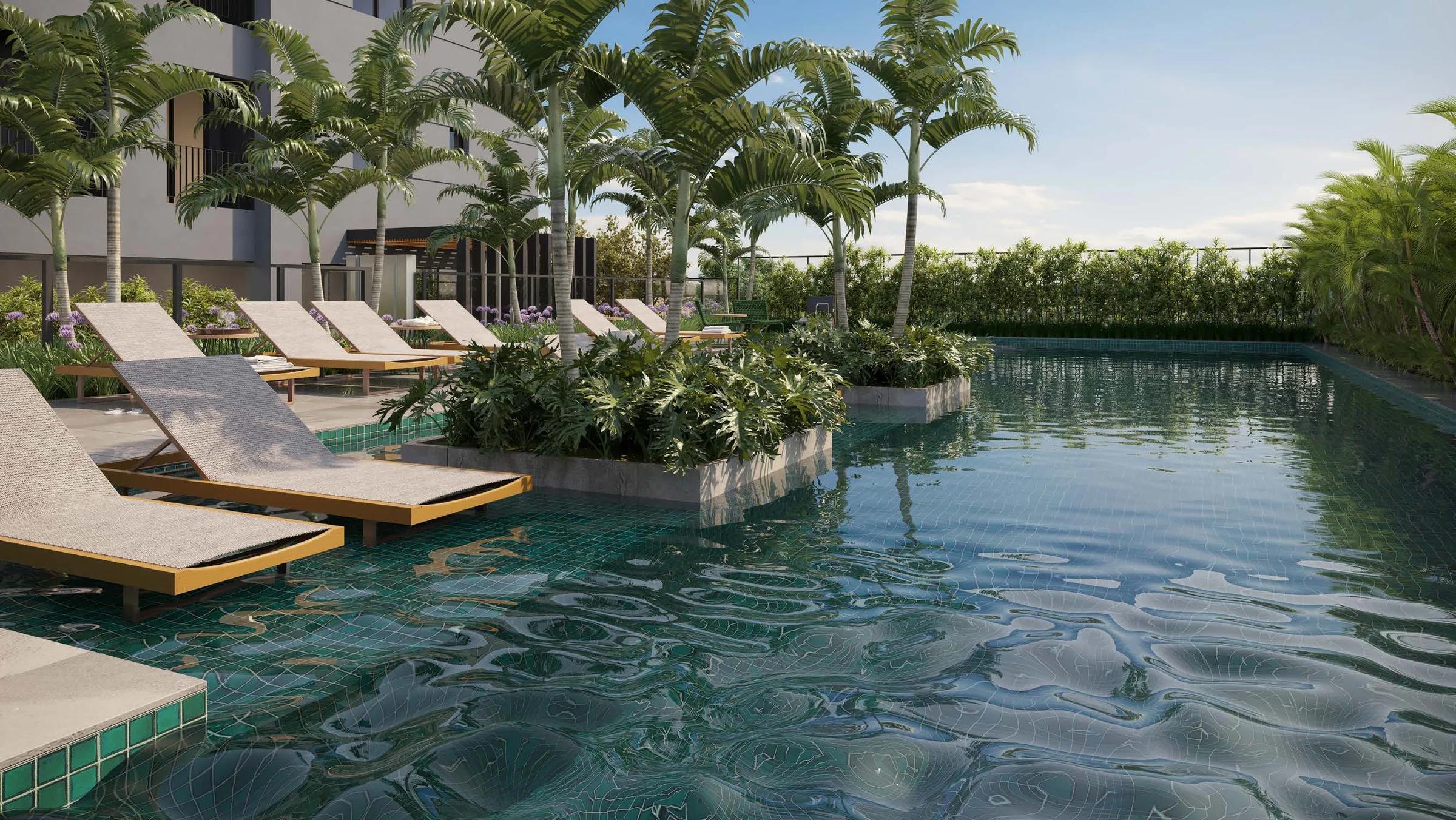 Sync by Opus - piscina adulto com deck e palmeiras