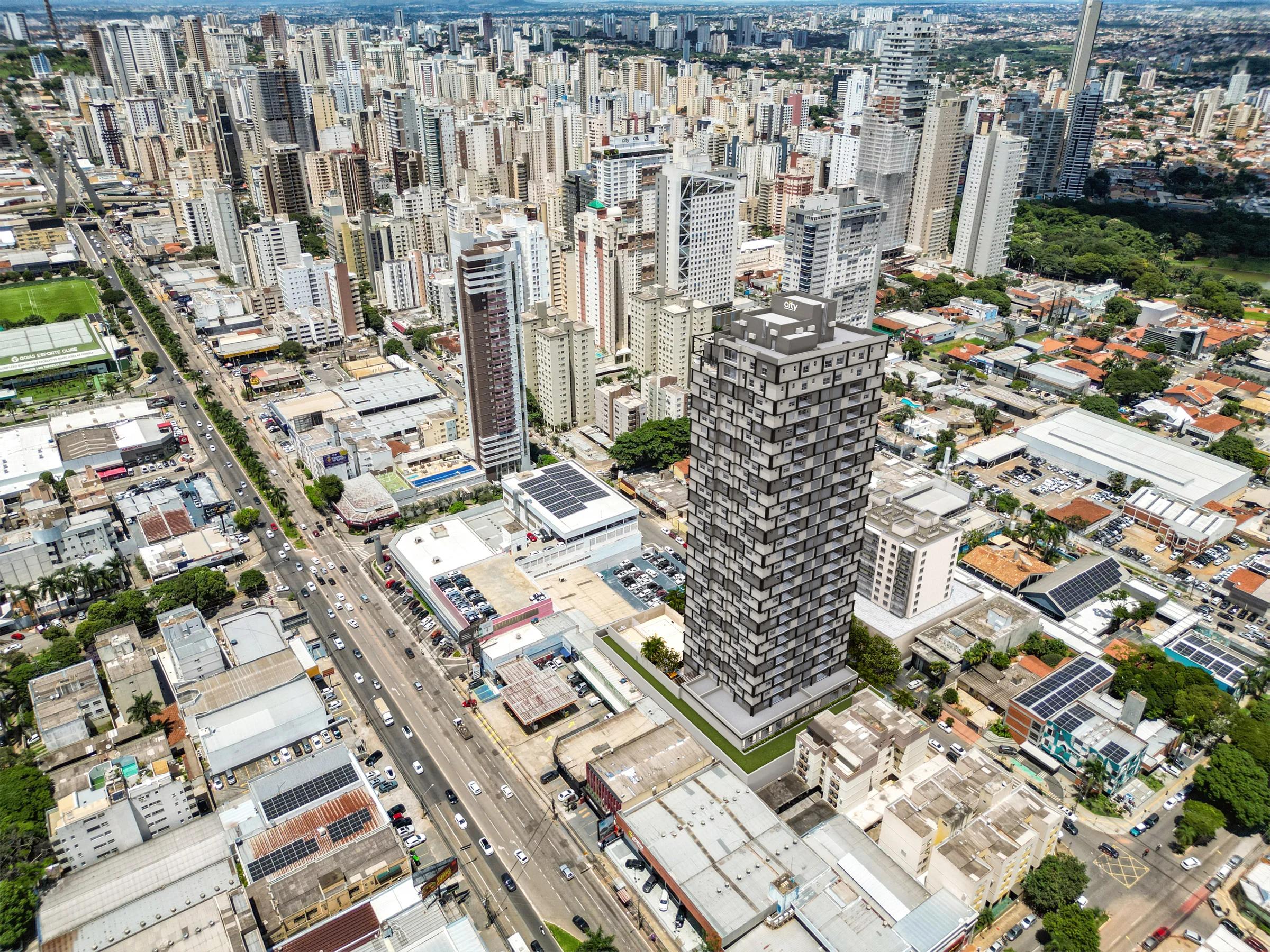 Fotomontagem aérea do edifício integrado ao entorno urbano da cidade