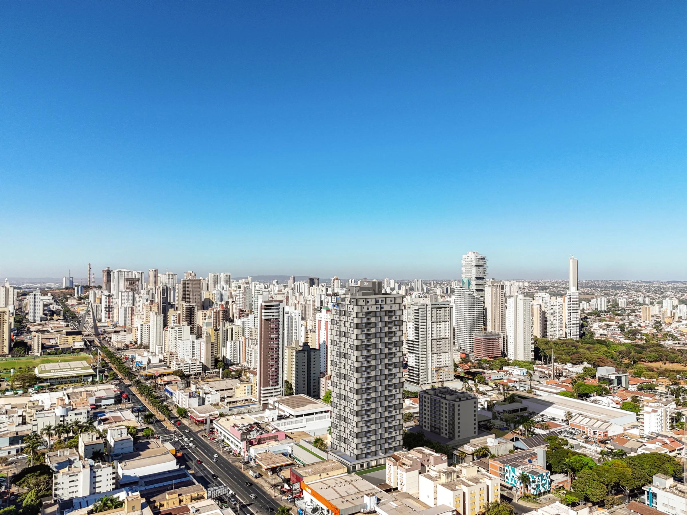 Panorama aéreo amplo da cidade destacando a localização do empreendimento