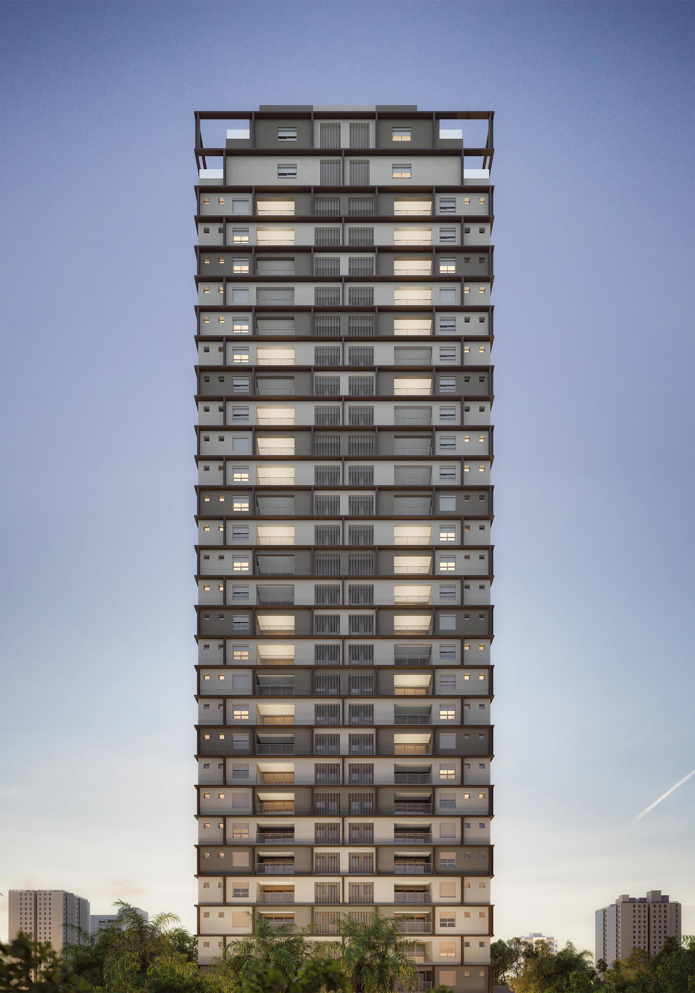 Fachada frontal da torre com iluminação cênica e detalhes arquitetônicos