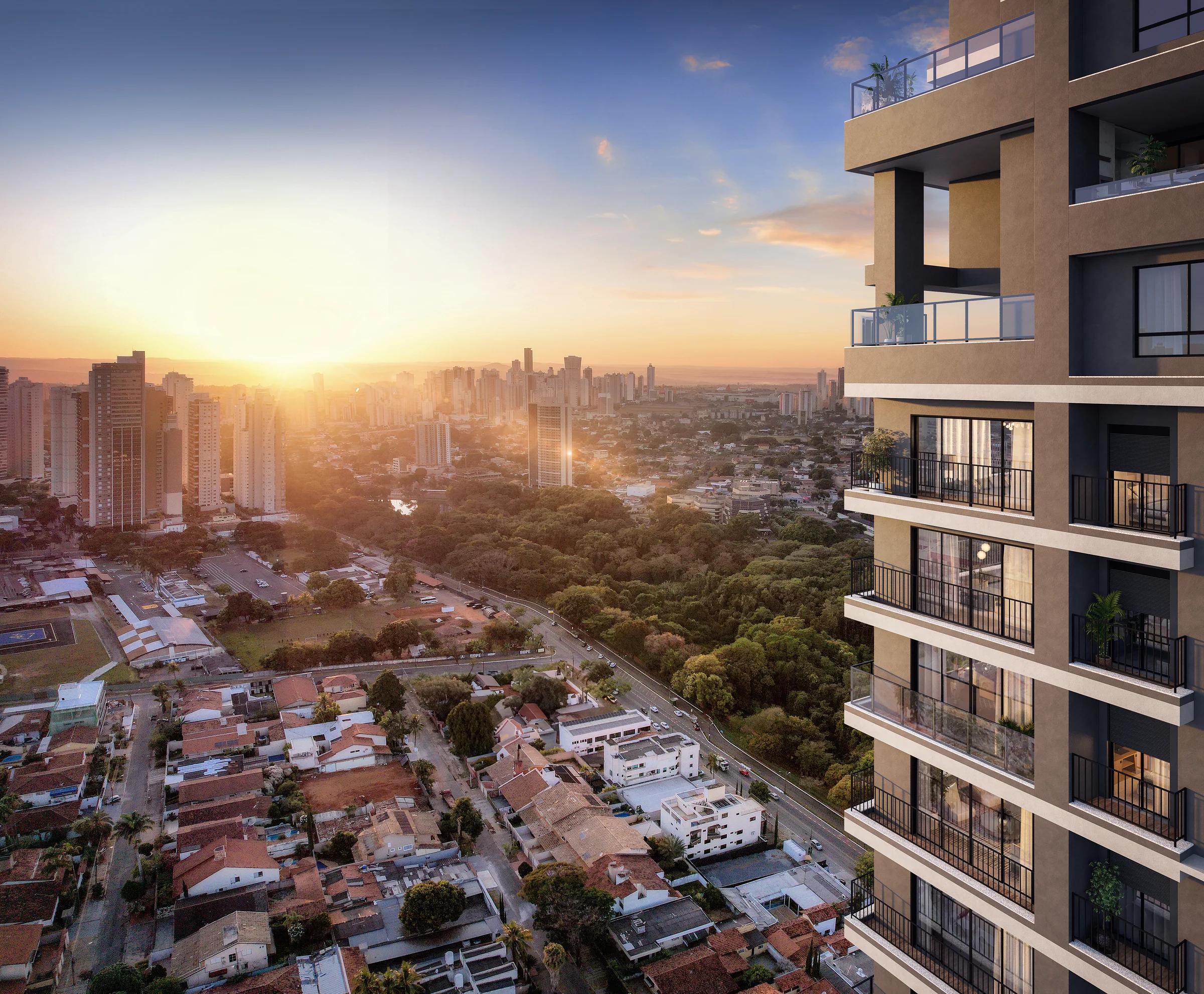 Vista aérea da cidade ao pôr do sol a partir das varandas do edifício