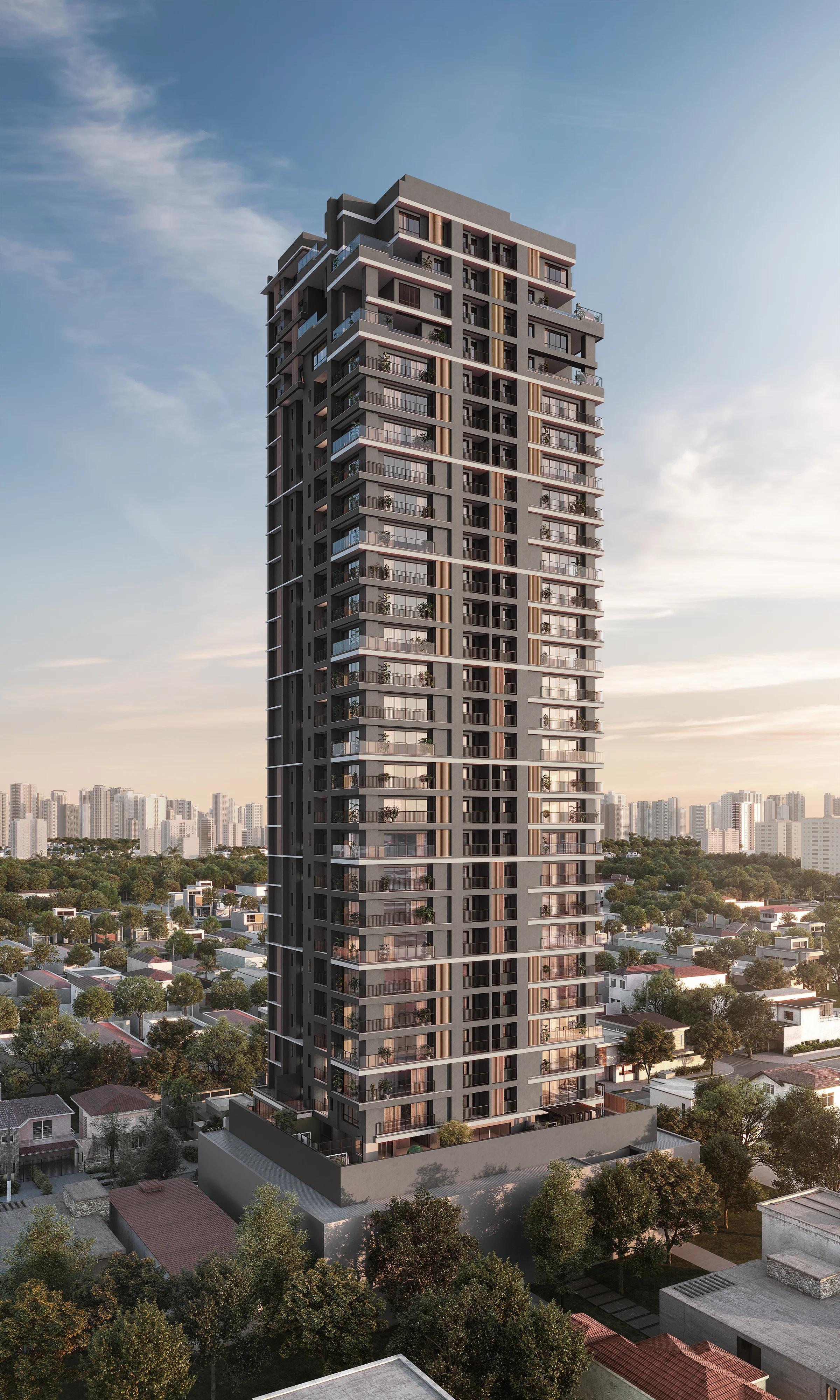 Fachada posterior da torre residencial vista em ângulo aéreo