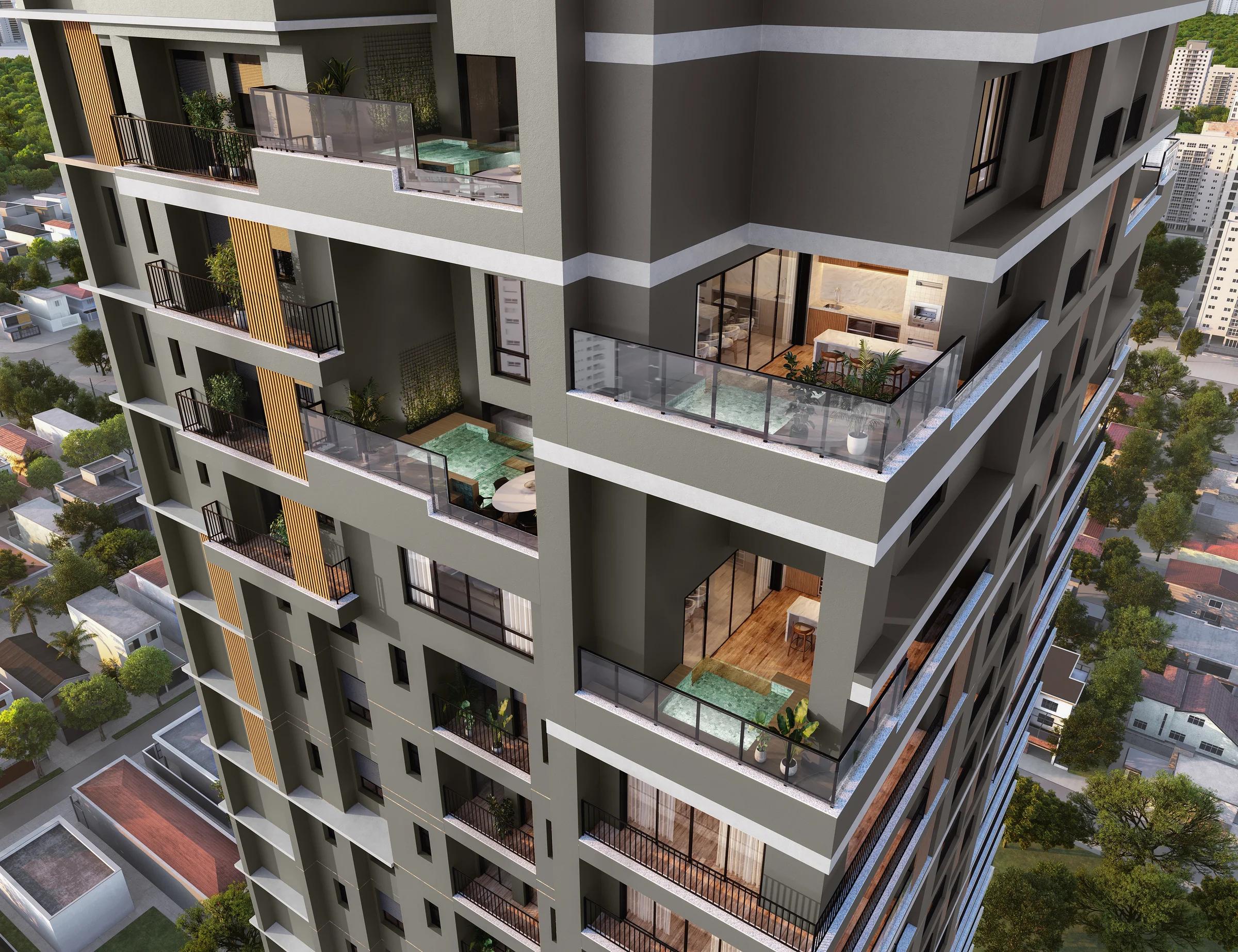 Perspectiva aérea dos andares superiores e varandas com piscina privativa das penthouses
