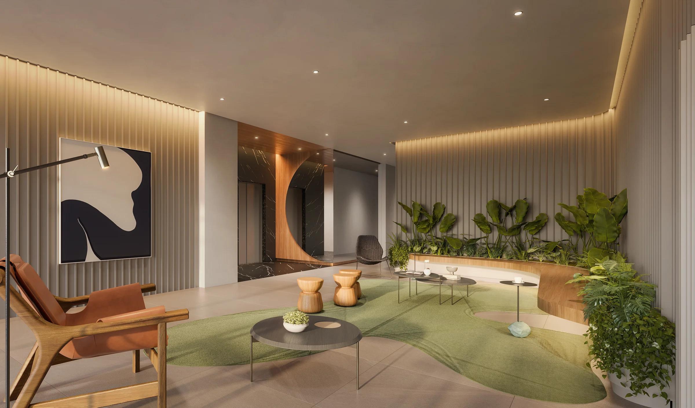 Lobby social de entrada com painel ripado iluminado, jardim interno e poltronas de design