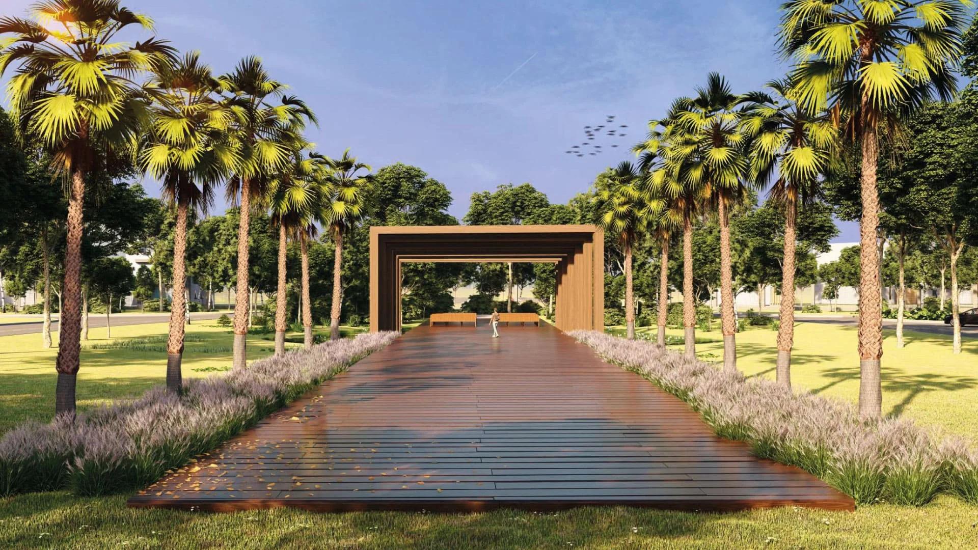 Perspectiva 3D do deck com pórtico de madeira e alameda com palmeiras