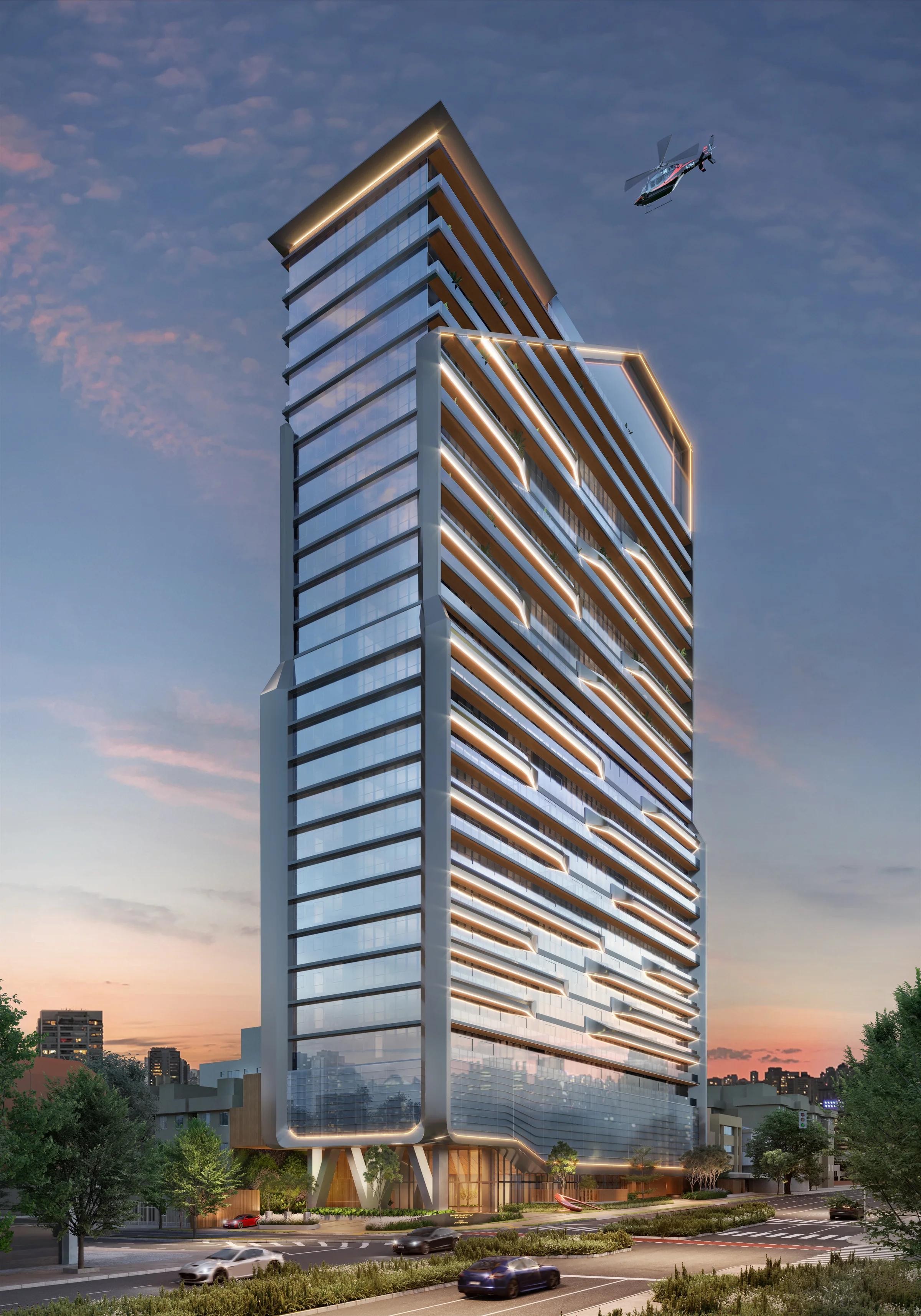 Perspectiva da fachada completa da torre empresarial ao entardecer