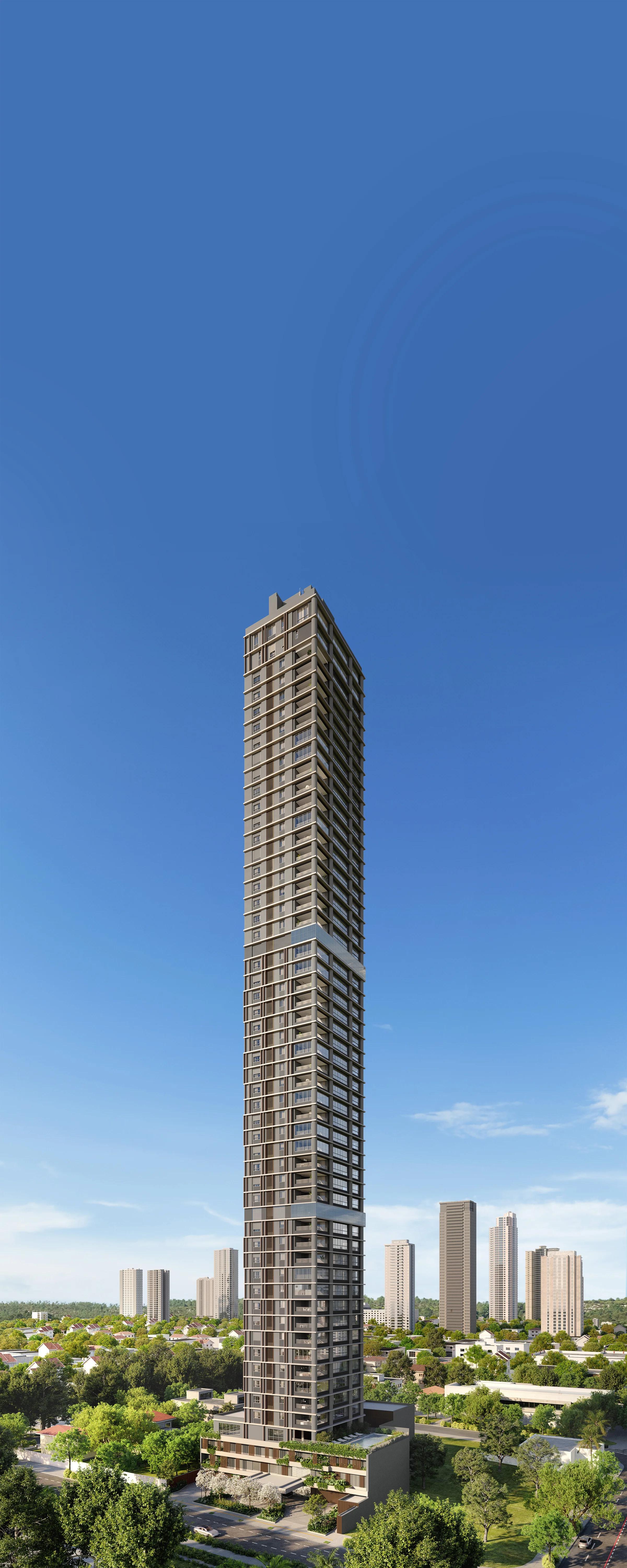 Perspectiva da fachada completa da torre residencial em ângulo diagonal