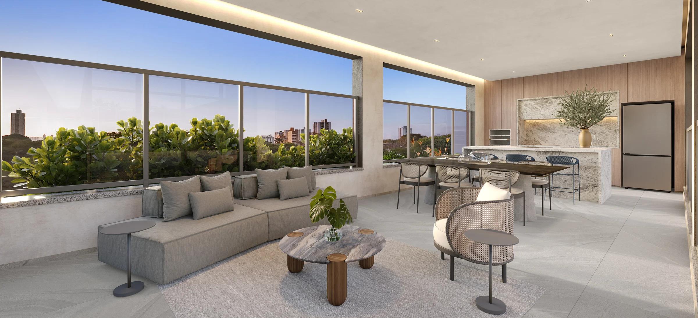 Espaço gourmet e lounge com vista panorâmica, sofás e bancada de bar