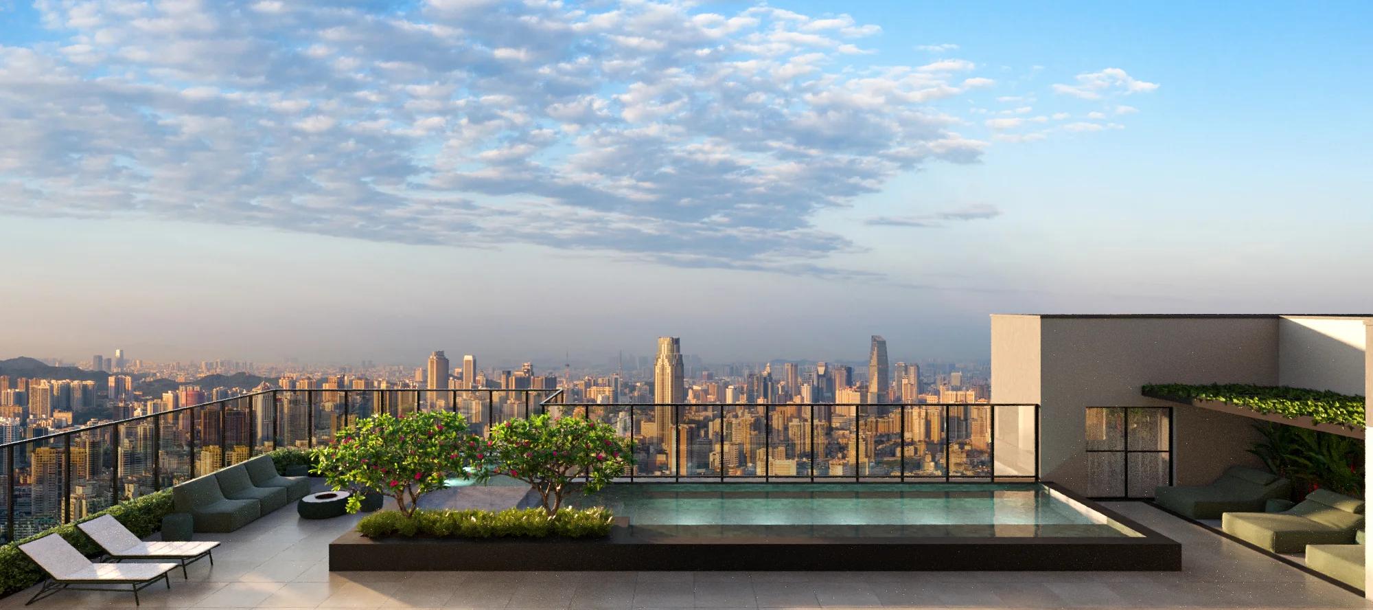 Piscina de borda no rooftop com espreguiçadeiras e vista aberta para o skyline da cidade