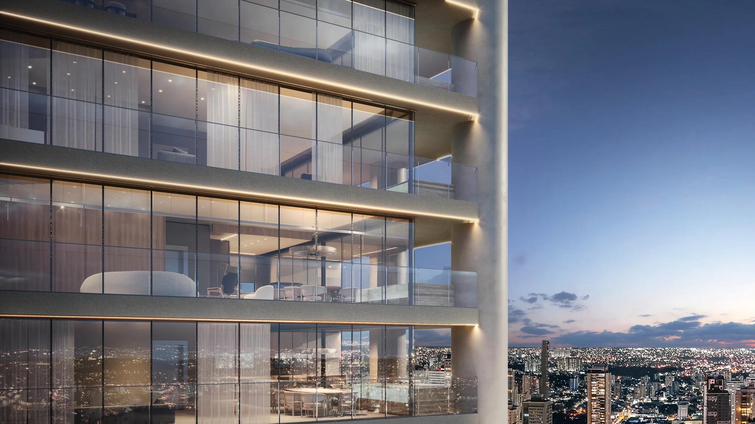 Perspectiva aproximada dos apartamentos com amplos fechamentos em vidro e iluminação linear