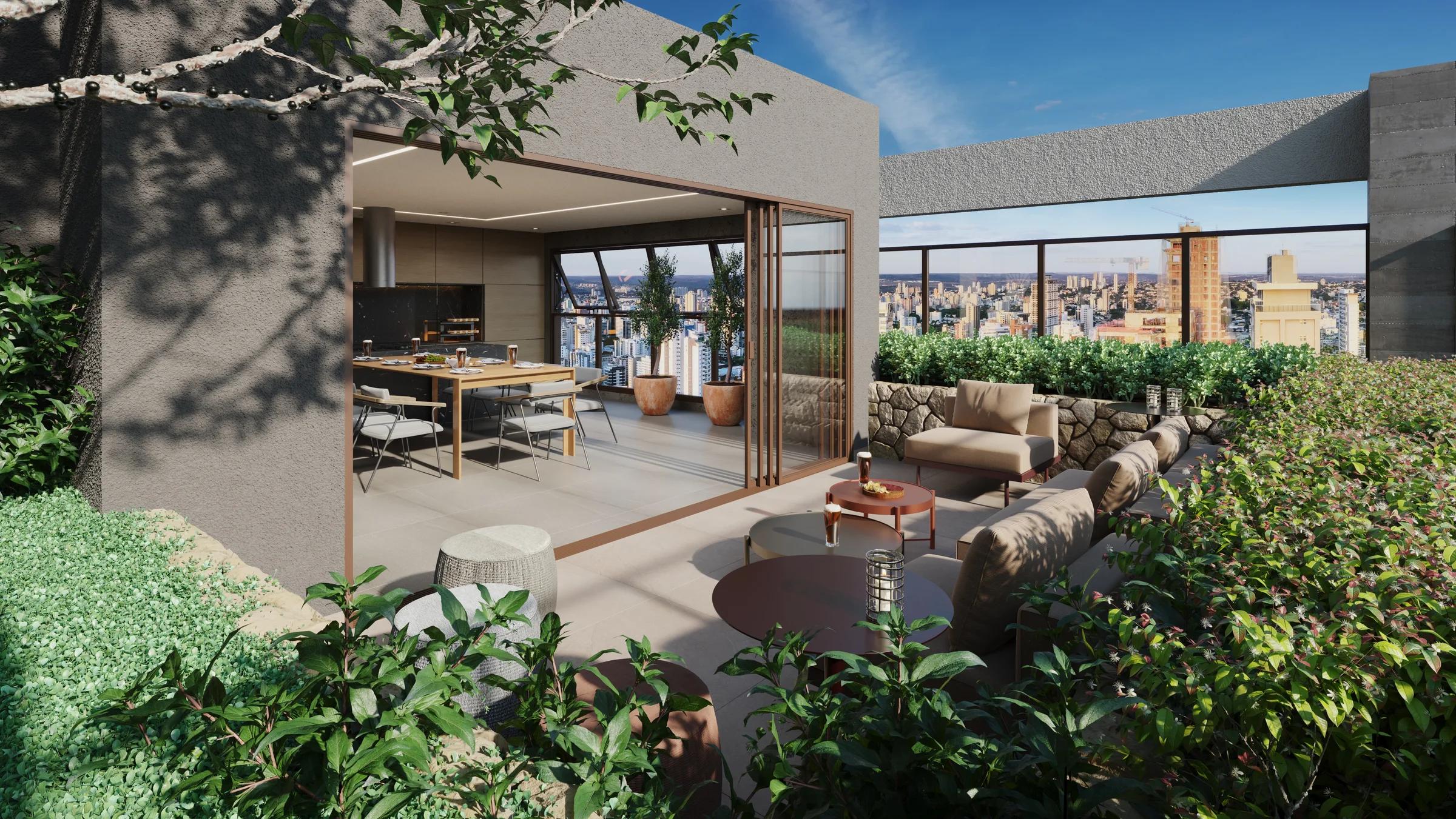 Varanda sky gourmet com lounge ao ar livre, guarda-corpo de vidro e vista da cidade ao entardecer