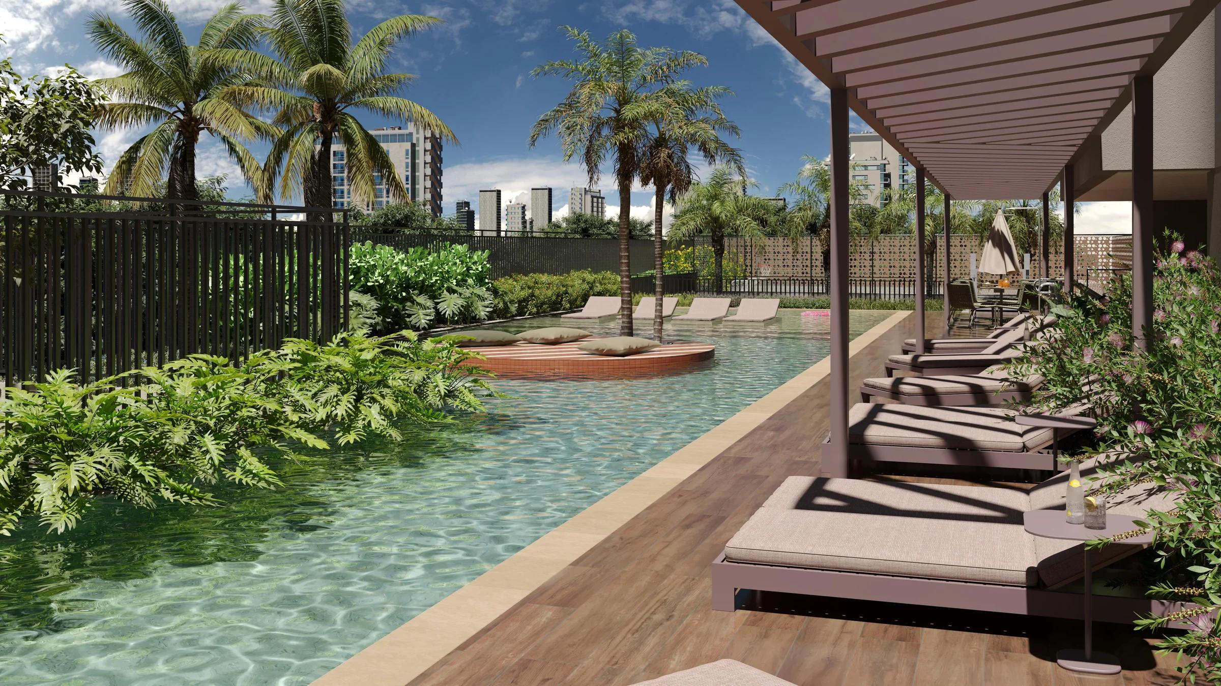 Deck da piscina com espreguiçadeiras sob pergolado, ilha central com almofadas e paisagismo tropical