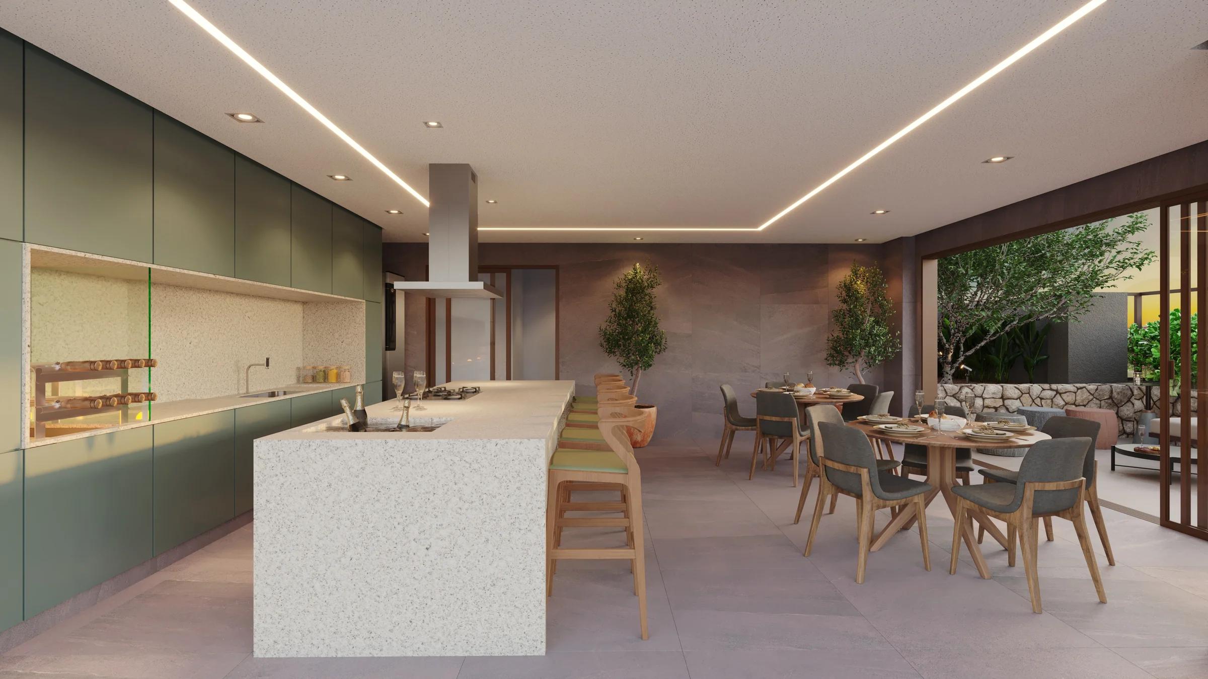 Espaço gourmet no terraço com bancada em ilha, churrasqueira e mesas de jantar integradas ao exterior