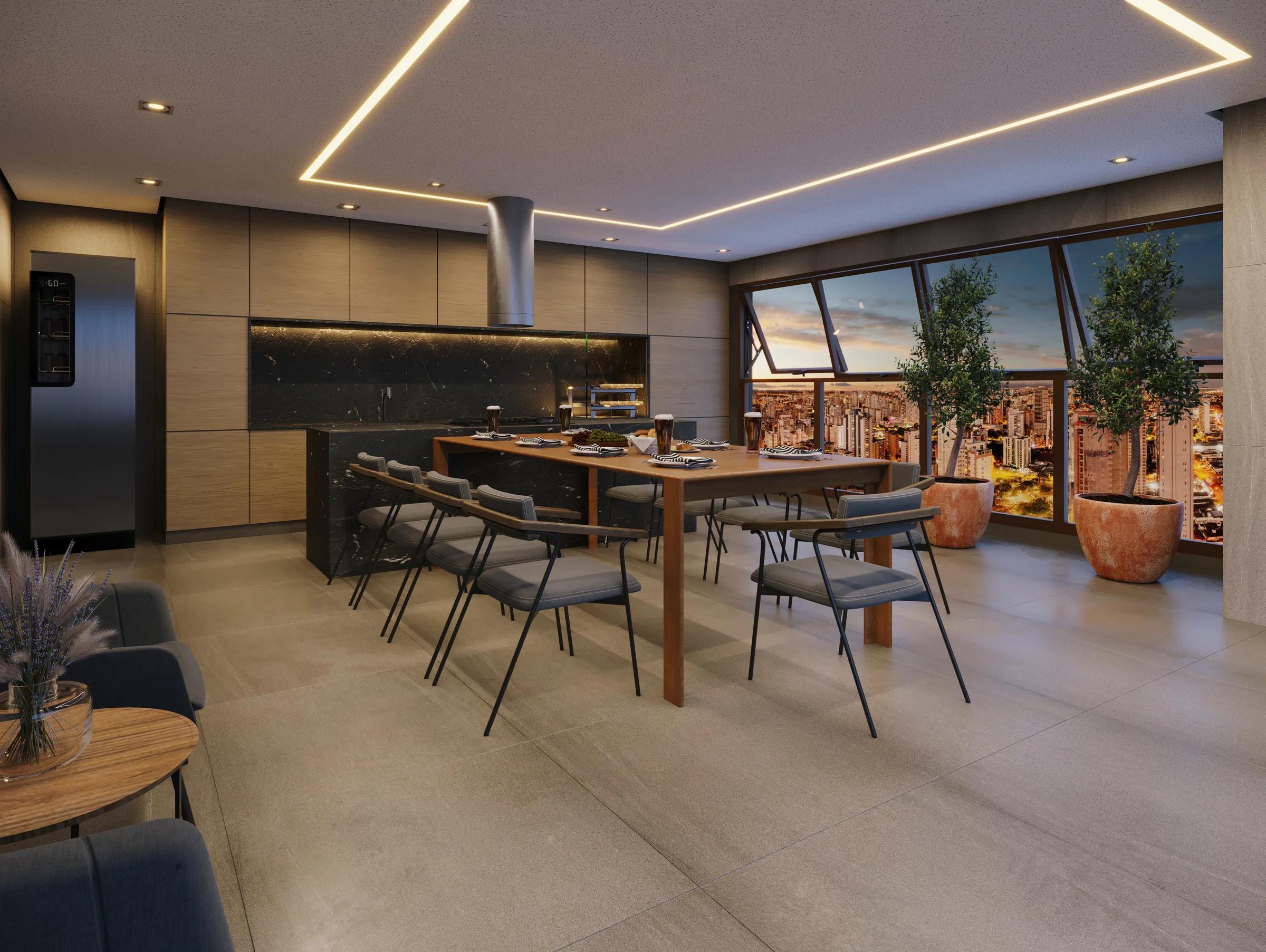 Espaço sky gourmet com mesa para 8 pessoas, bancada em granito preto e vista panorâmica da cidade