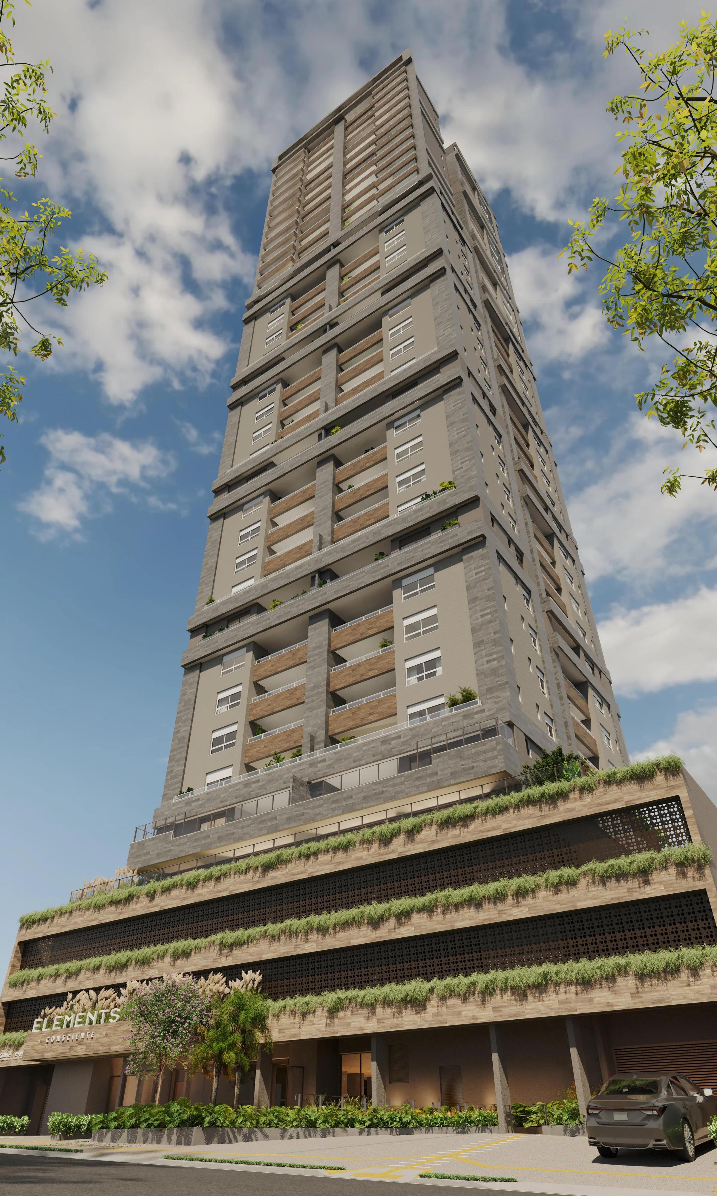 Fachada completa do edifício residencial em perspectiva vertical diurna com embasamento verde
