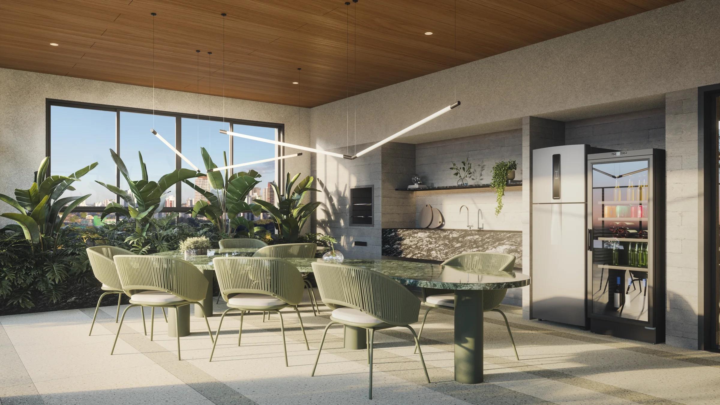Espaço gourmet e lounge no rooftop com mesas e churrasqueira