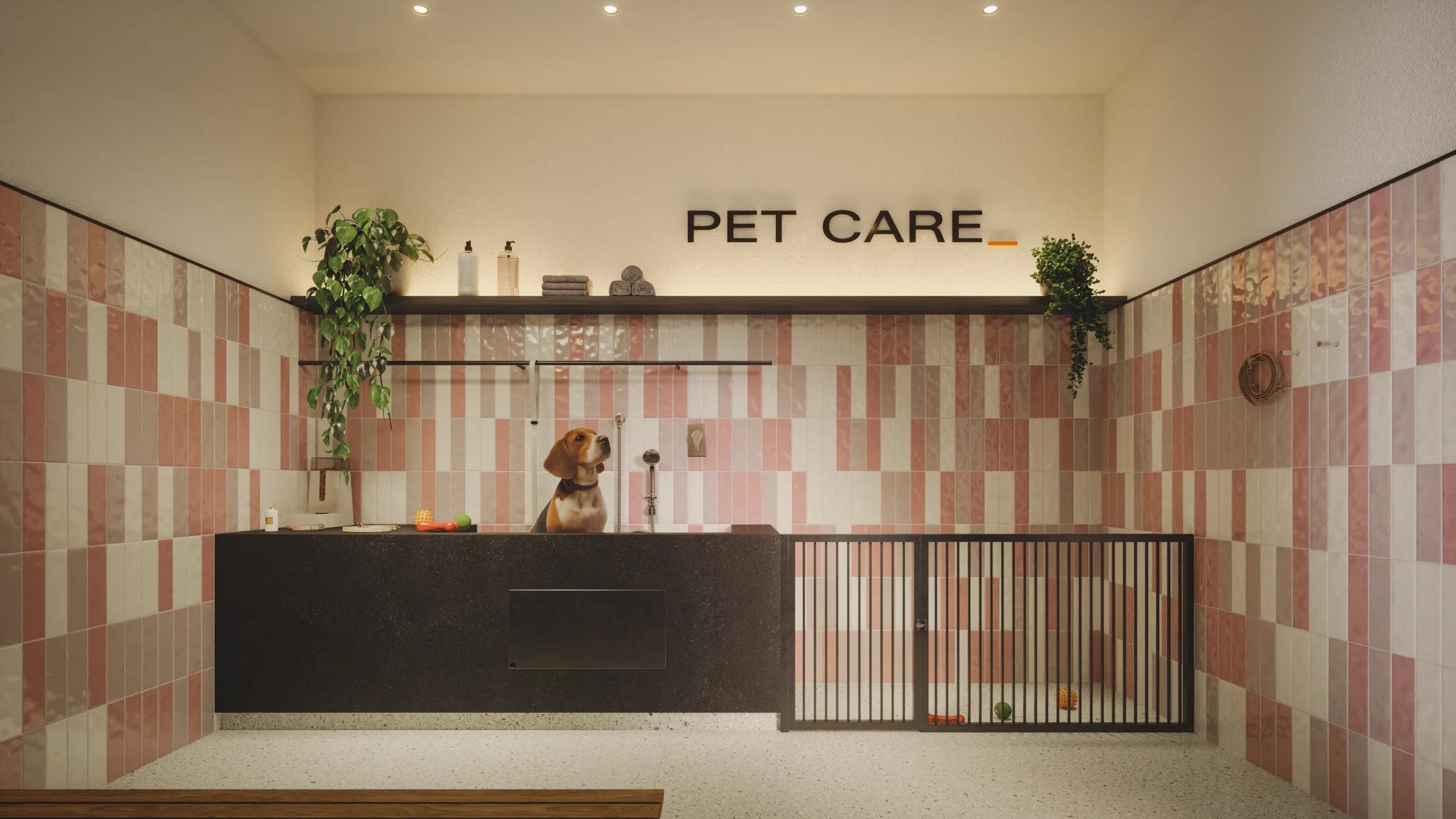 Espaço pet care equipado com cuba para banho e área reservada