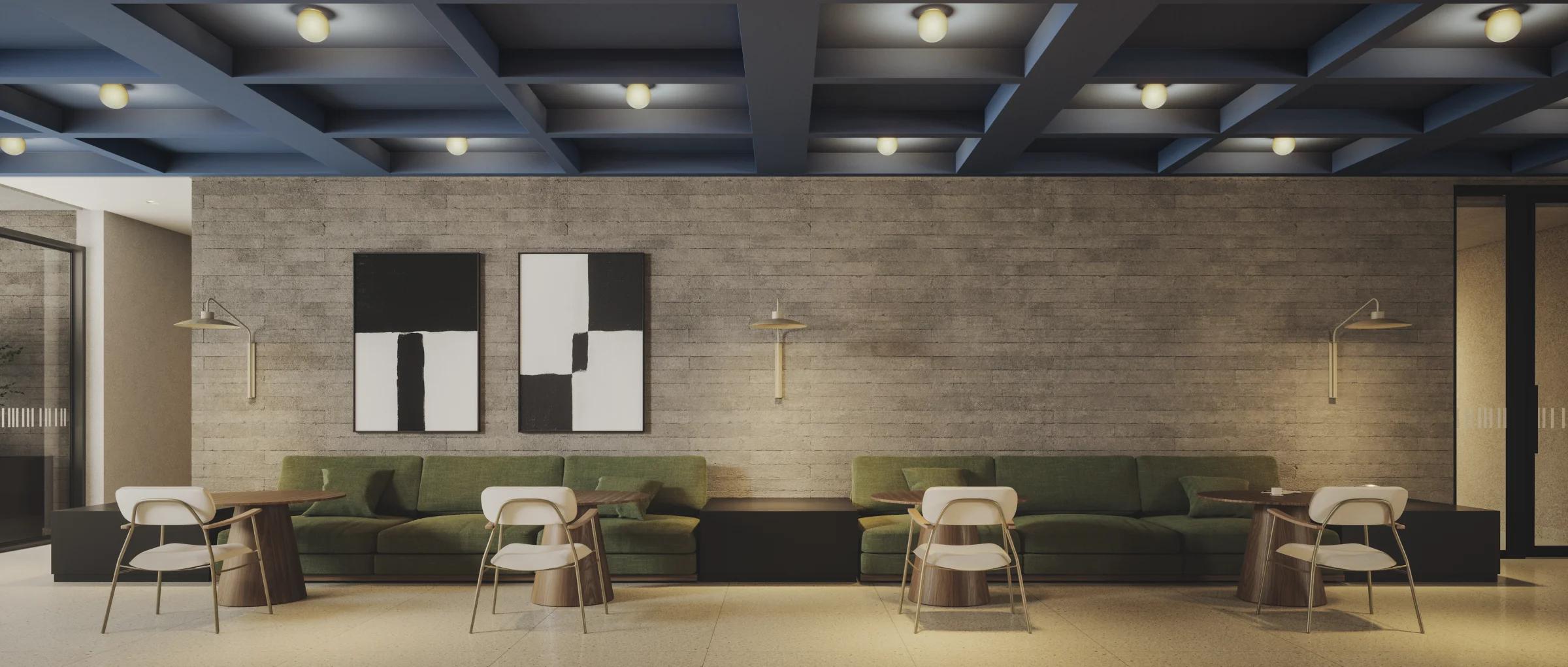 Lobby coliving com teto em grelha, sofás e poltronas de design