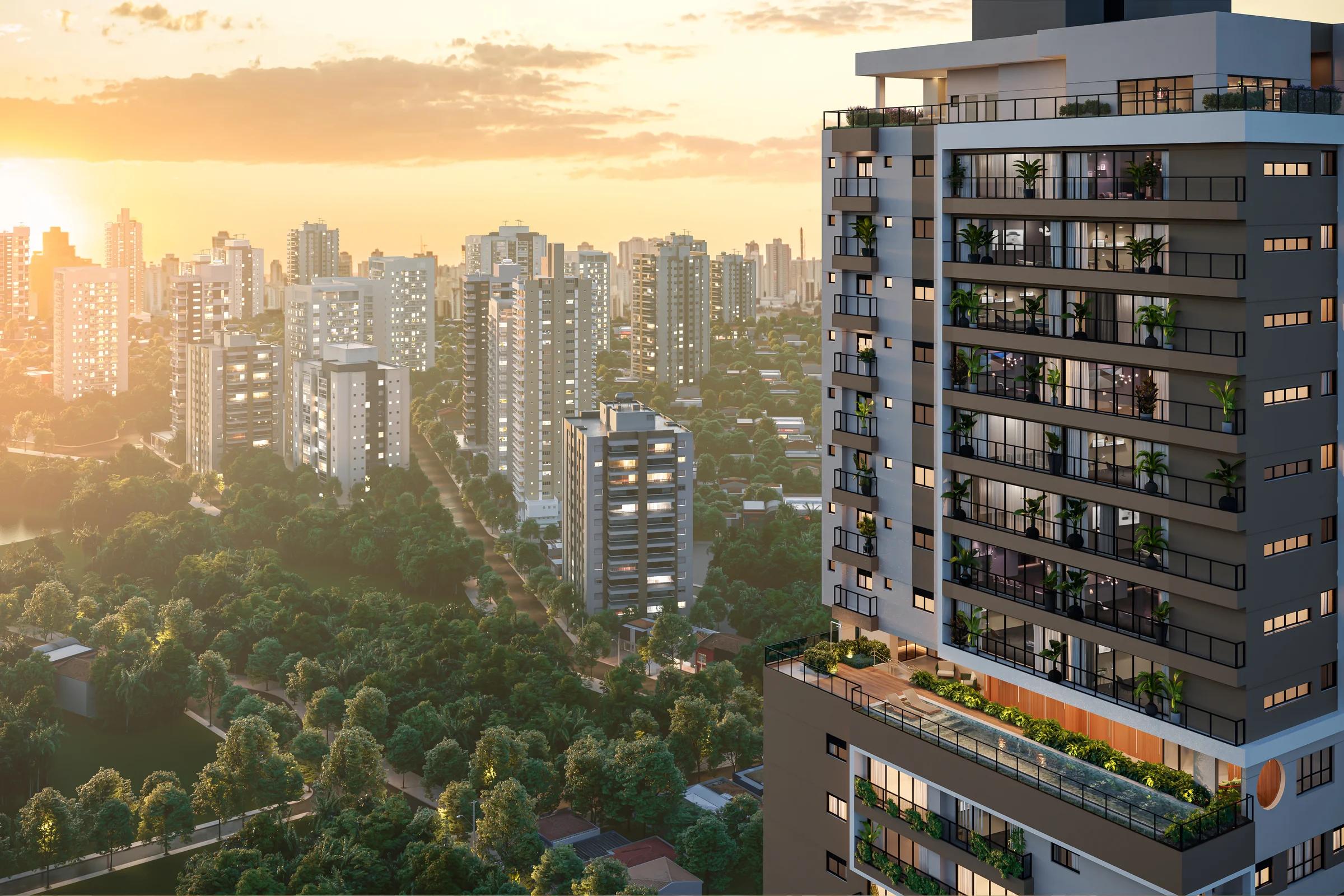 Perspectiva aérea da torre residencial e da cidade