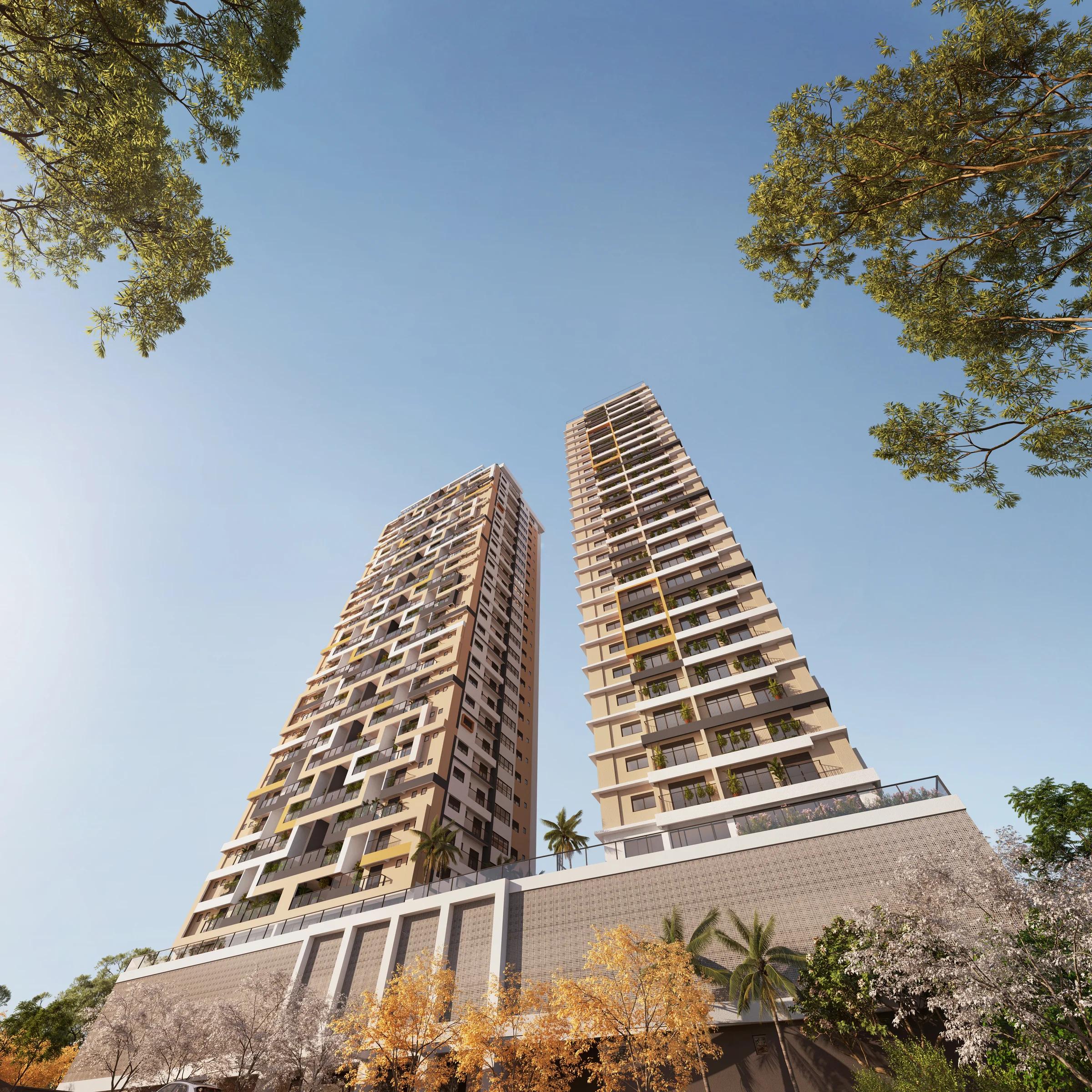 Vista em contra-plongée das duas torres residenciais destacando a altura e geometria das varandas