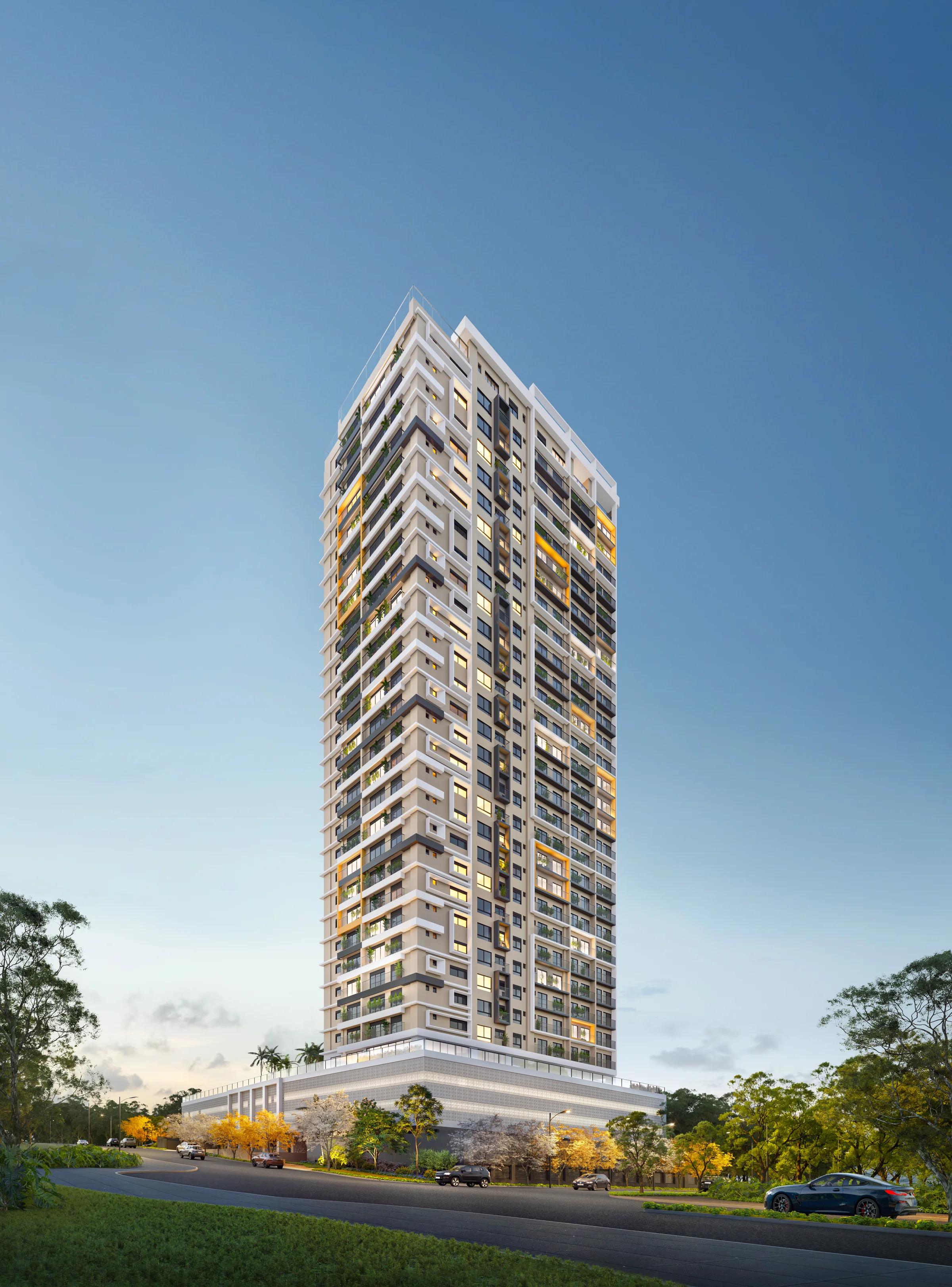 Fachada vertical do edifício em perspectiva ao entardecer com iluminação das unidades