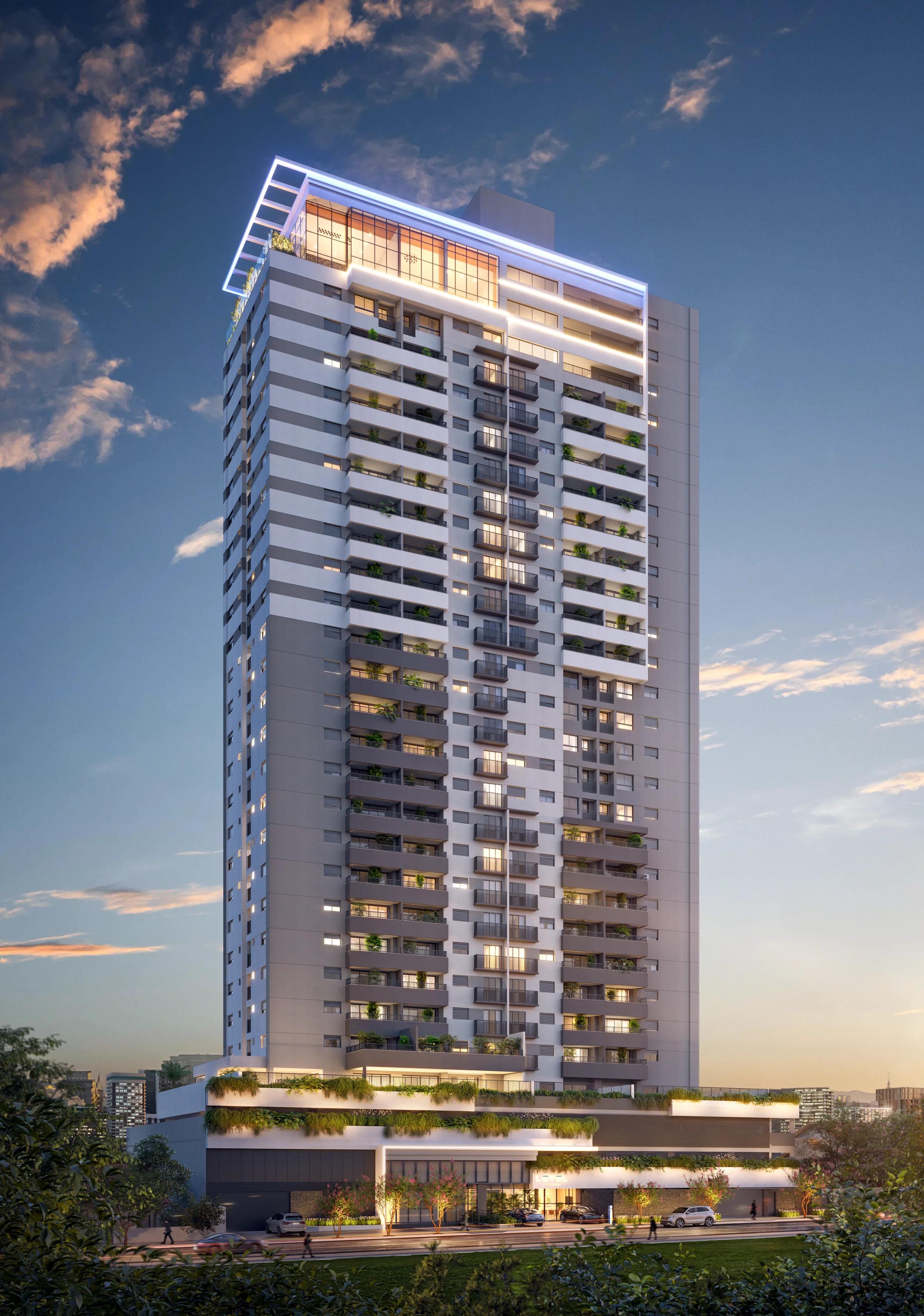 Perspectiva vertical da fachada completa da torre residencial ao entardecer