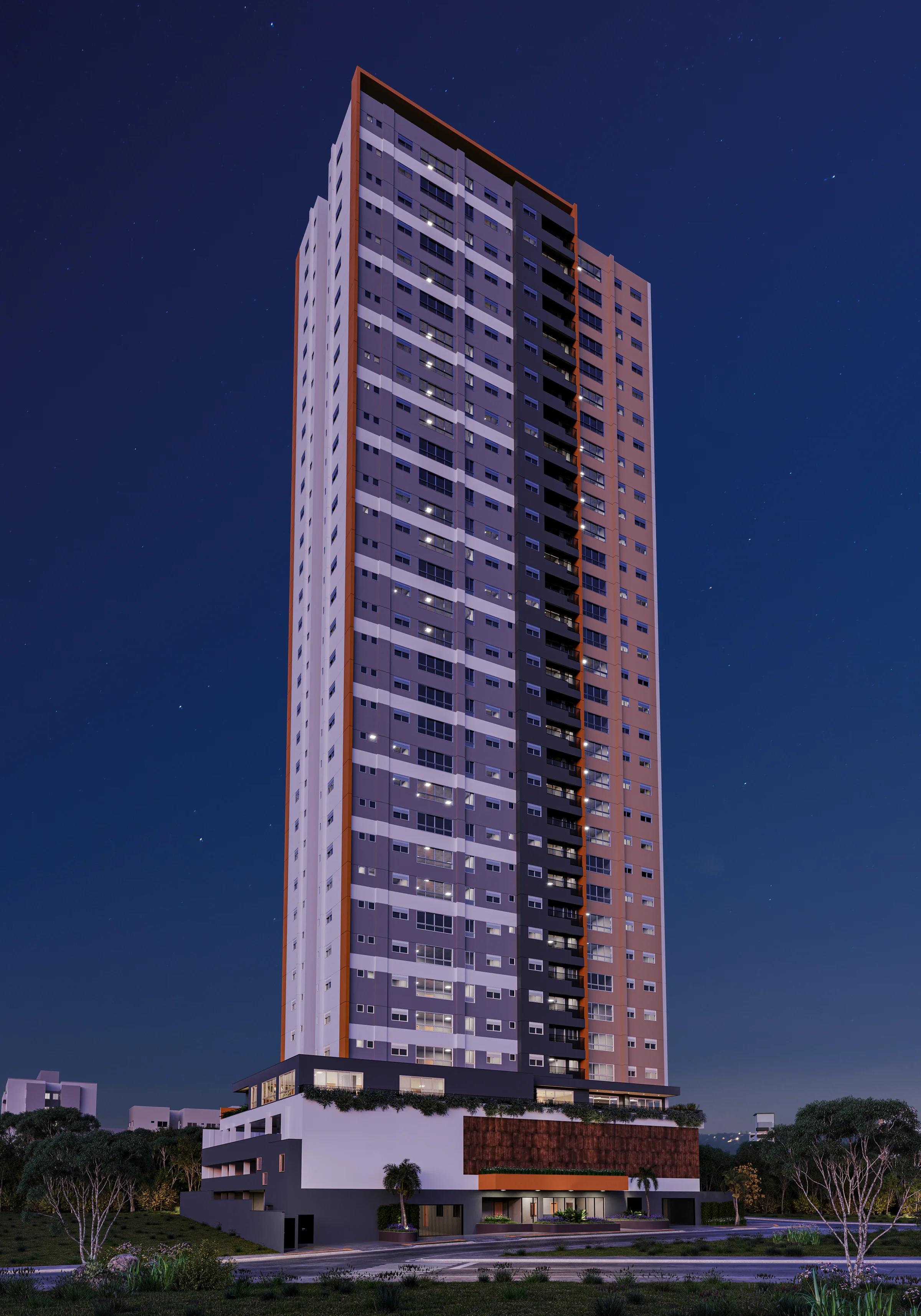 Fachada do edifício residencial em perspectiva noturna com iluminação decorativa acesa