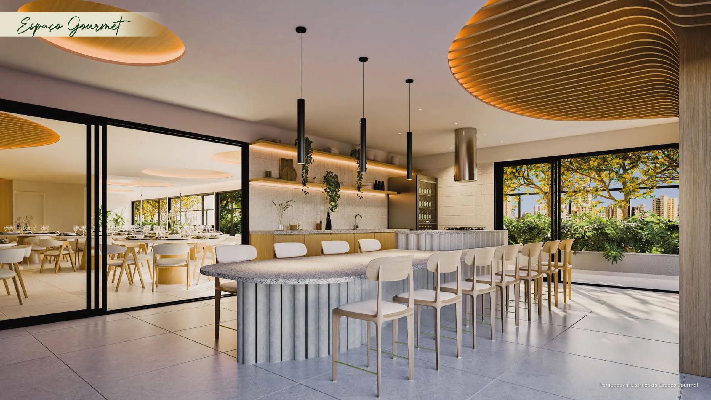 Espaço gourmet com bancada em ilha, banquetas altas, teto ripado e integração com área externa