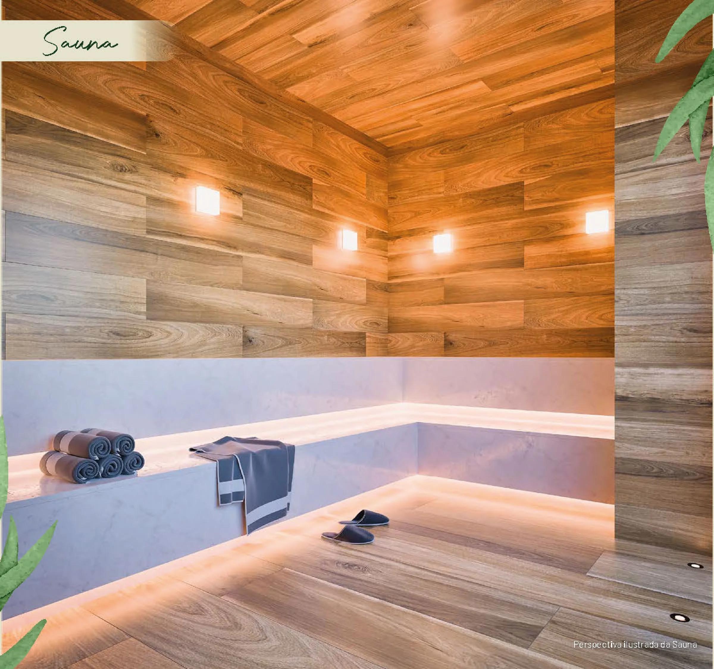 Sauna com paredes revestidas em madeira e bancos suspensos iluminados por fita de LED