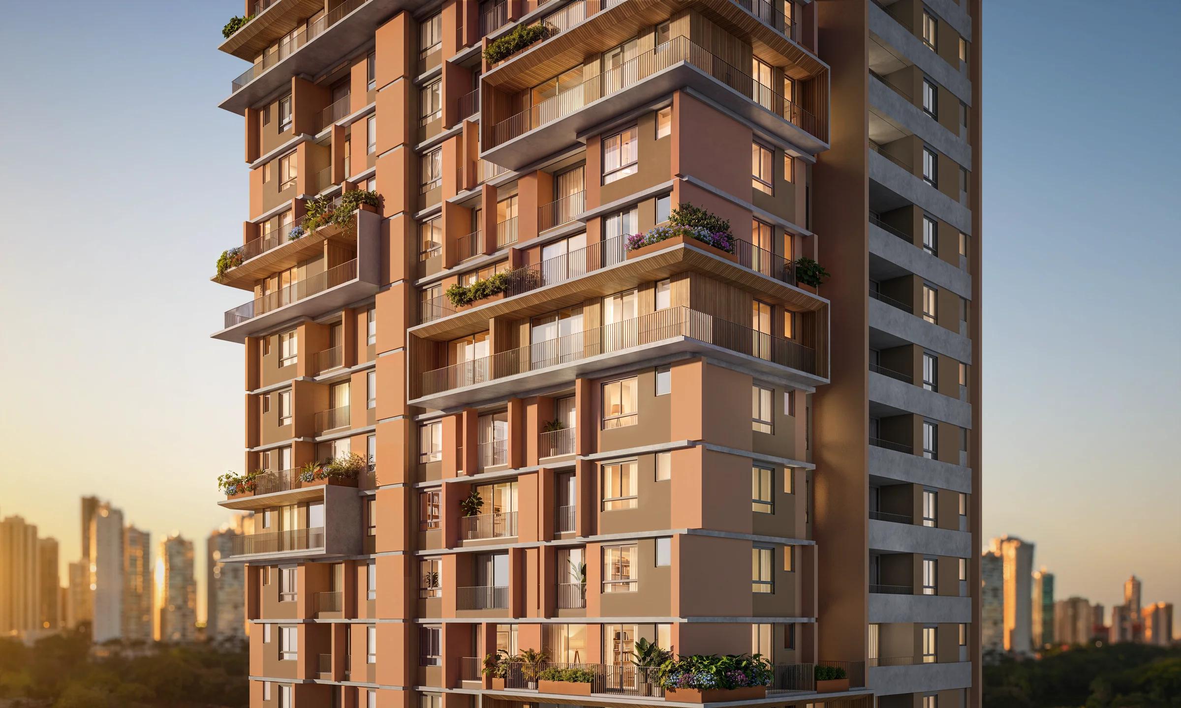 Vista próxima da torre residencial e das varandas.