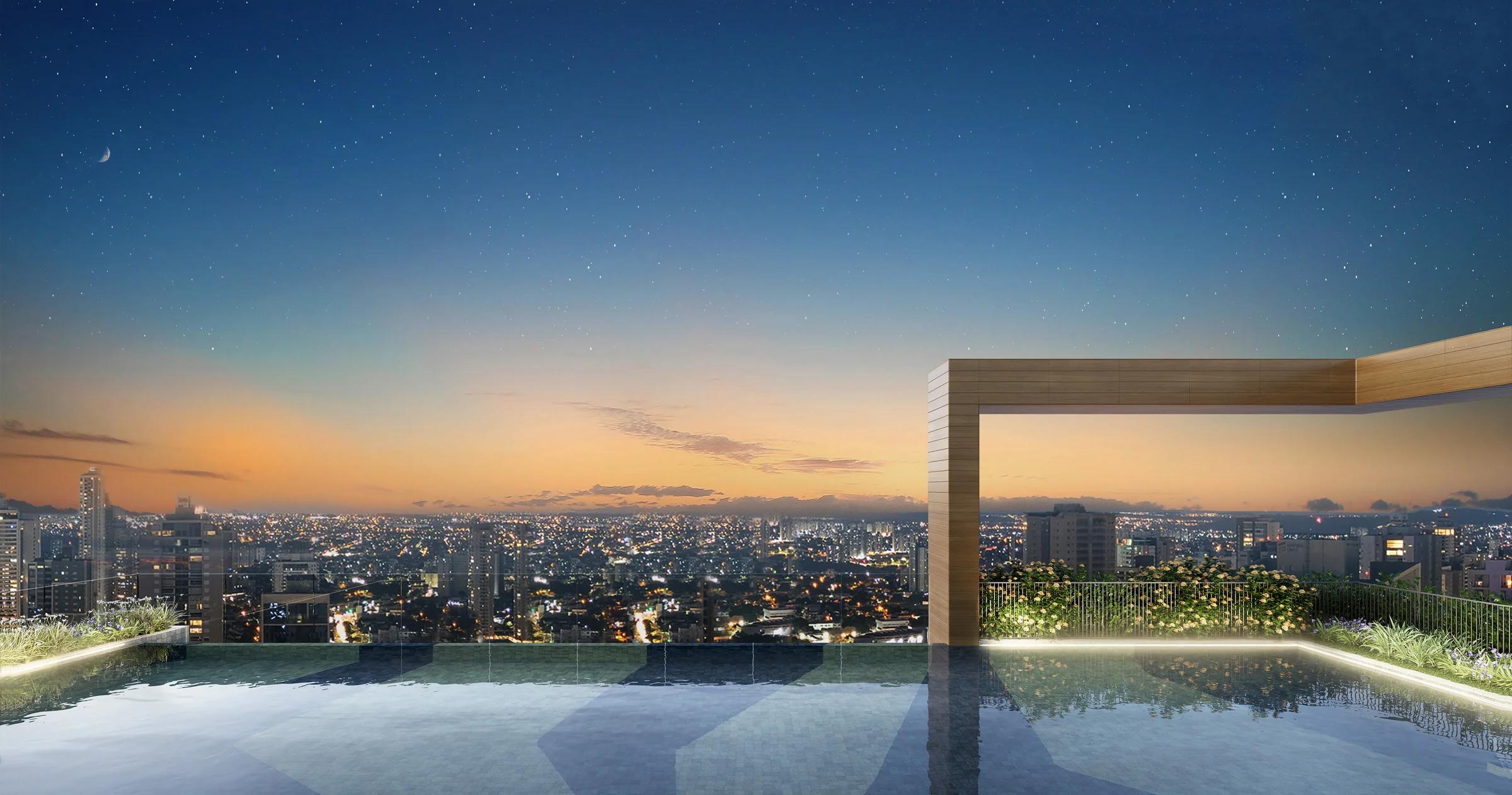 Piscina de borda infinita no rooftop com vista panorâmica para o horizonte da cidade ao anoitecer