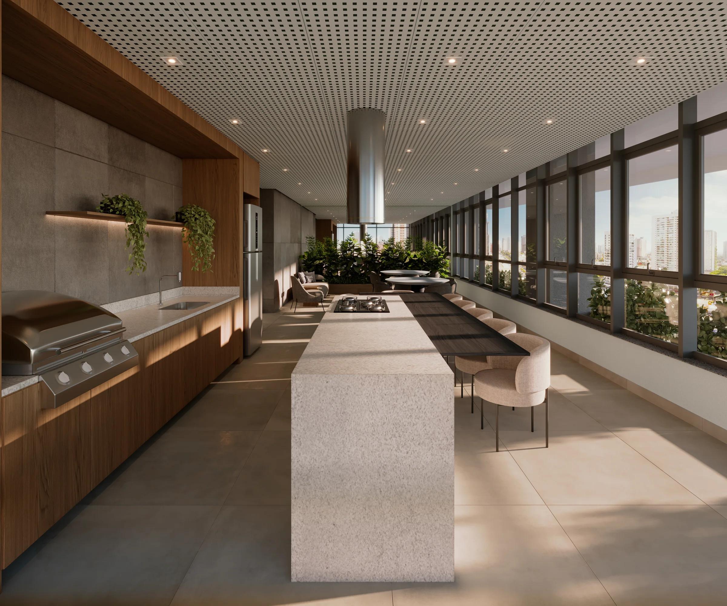 Espaço gourmet interno com churrasqueira, bancada central e ampla vista panorâmica